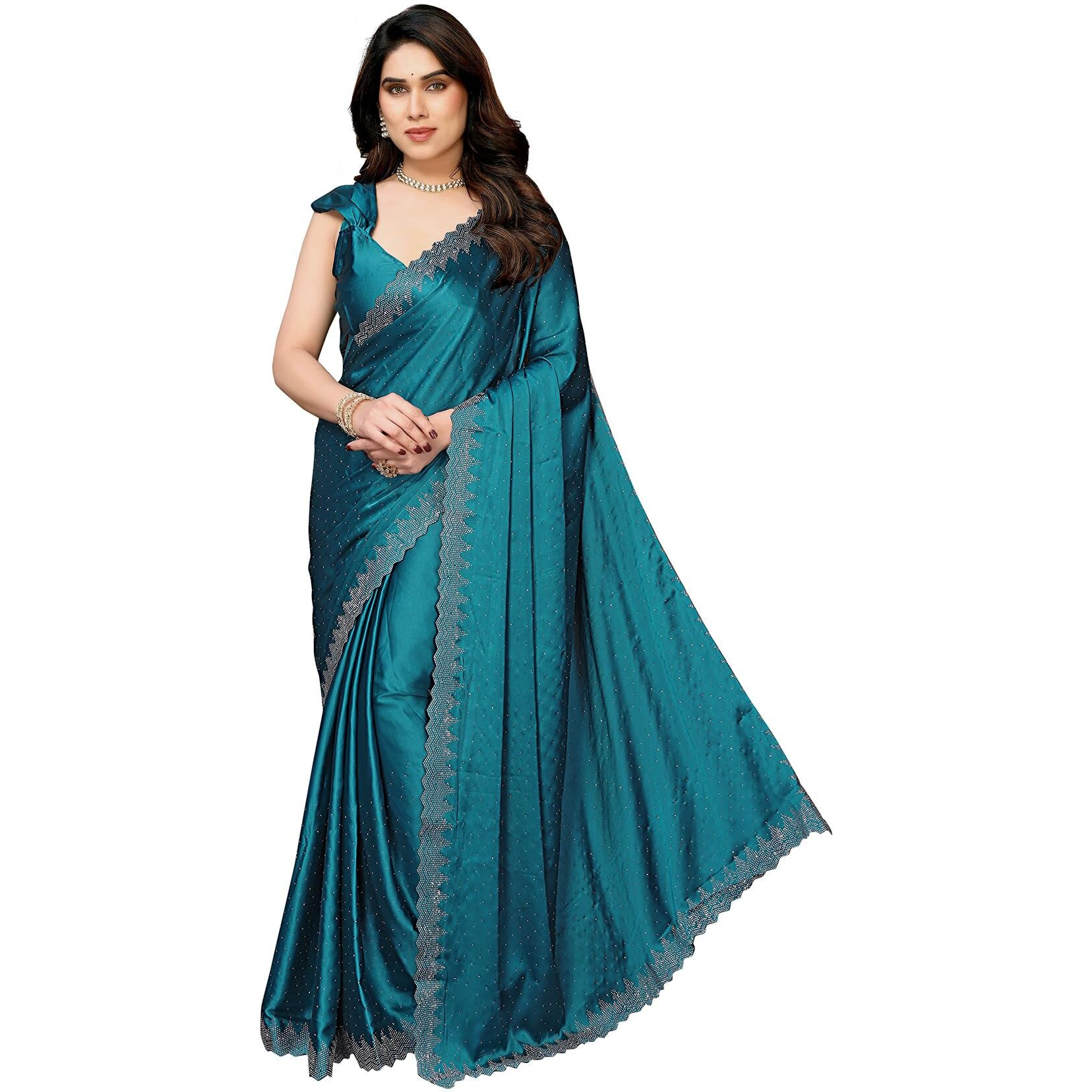 Yashika Women's Hot Fix Work and Solid Color Satin Moss Saree With Unstitched Blouse Material (AZ-YS-P1-PINTU RAMA)