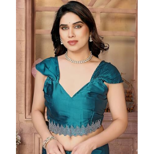 Yashika Women's Hot Fix Work and Solid Color Satin Moss Saree With Unstitched Blouse Material (AZ-YS-P1-PINTU RAMA)