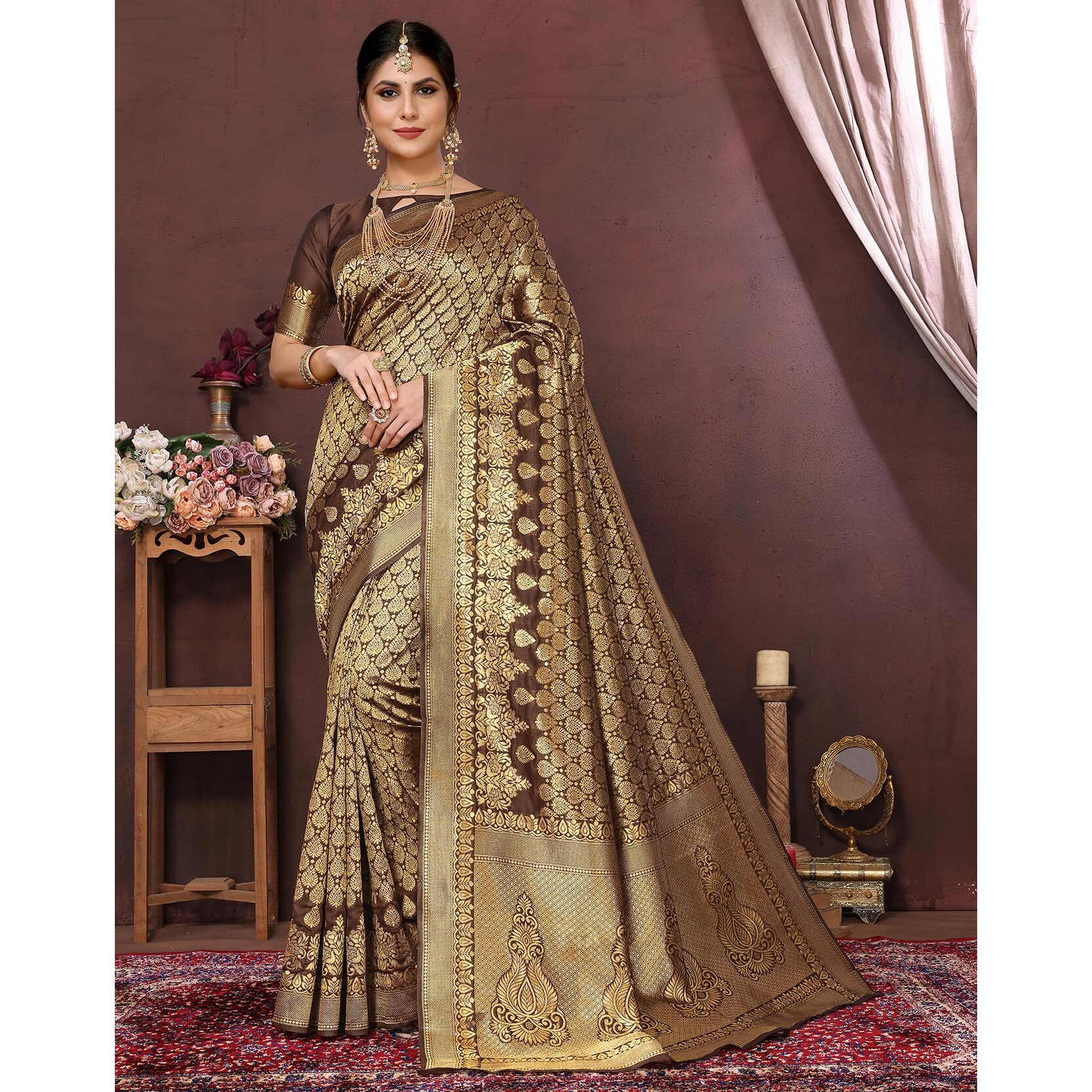 Yashika Present Banarasi Kanjivaram Silk Saree For Fashionable Women||Brown Coloured Silk Kanjivaram Saree||AZ-YS-P4-New MALIYA BROWN