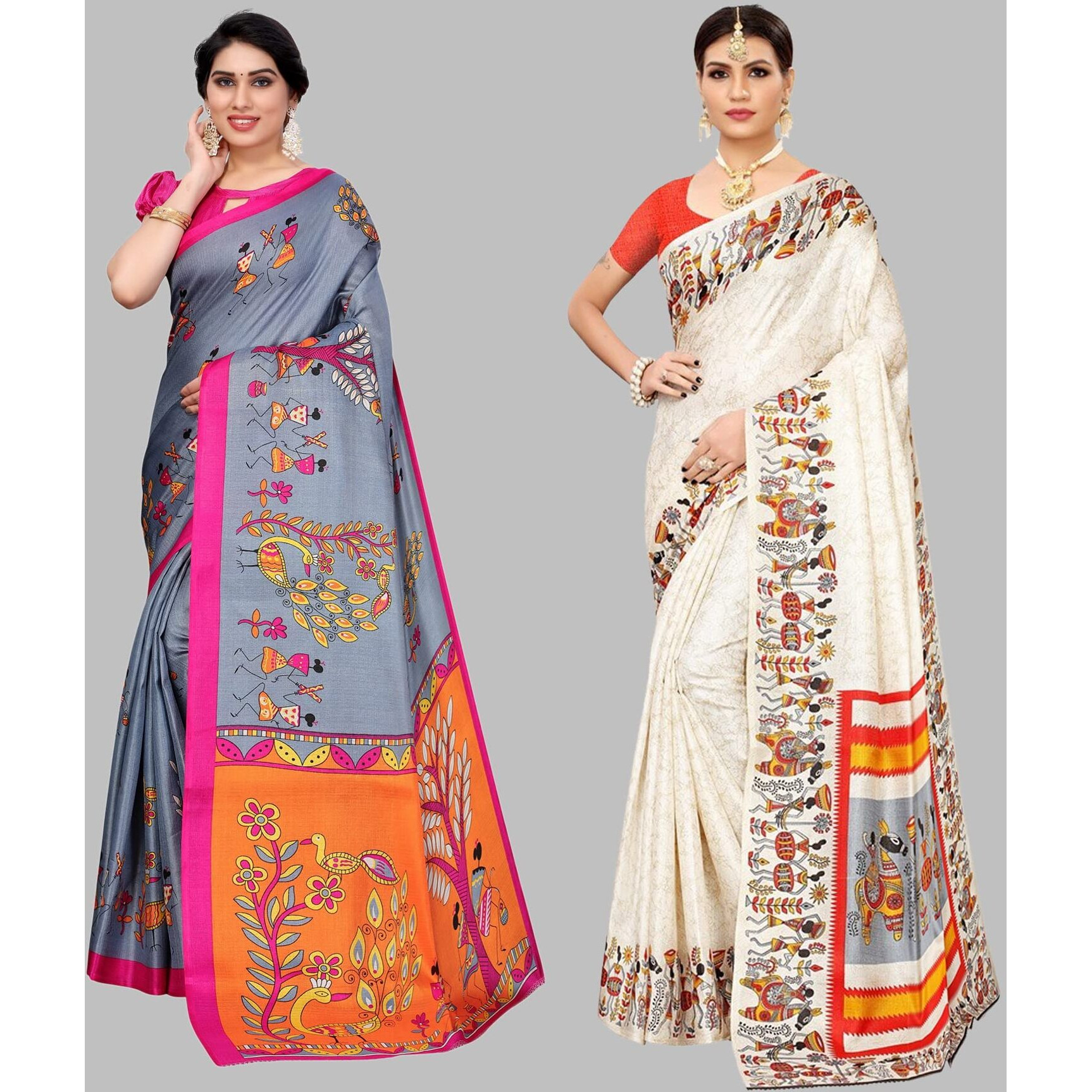 Yashika Women's Combo Art Silk Printed Saree With Blouse Piece Pack Of 2(DANDIYA GREY-VIVO ORANGE)