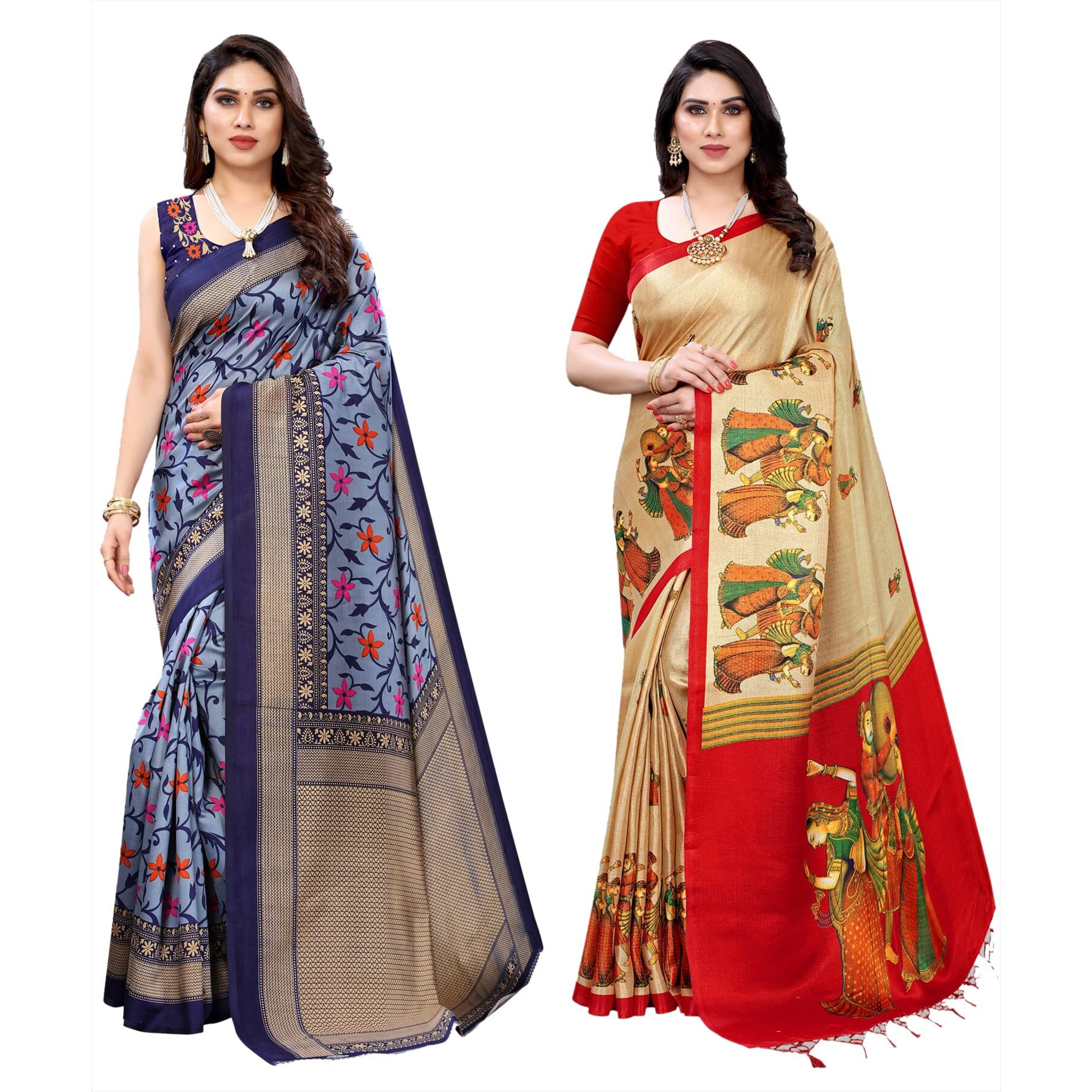 Yashika Women's Combo Art Silk Printed Saree With Blouse Piece Pack Of 2(SWATI NAVY-RAJARANI CHICKU)