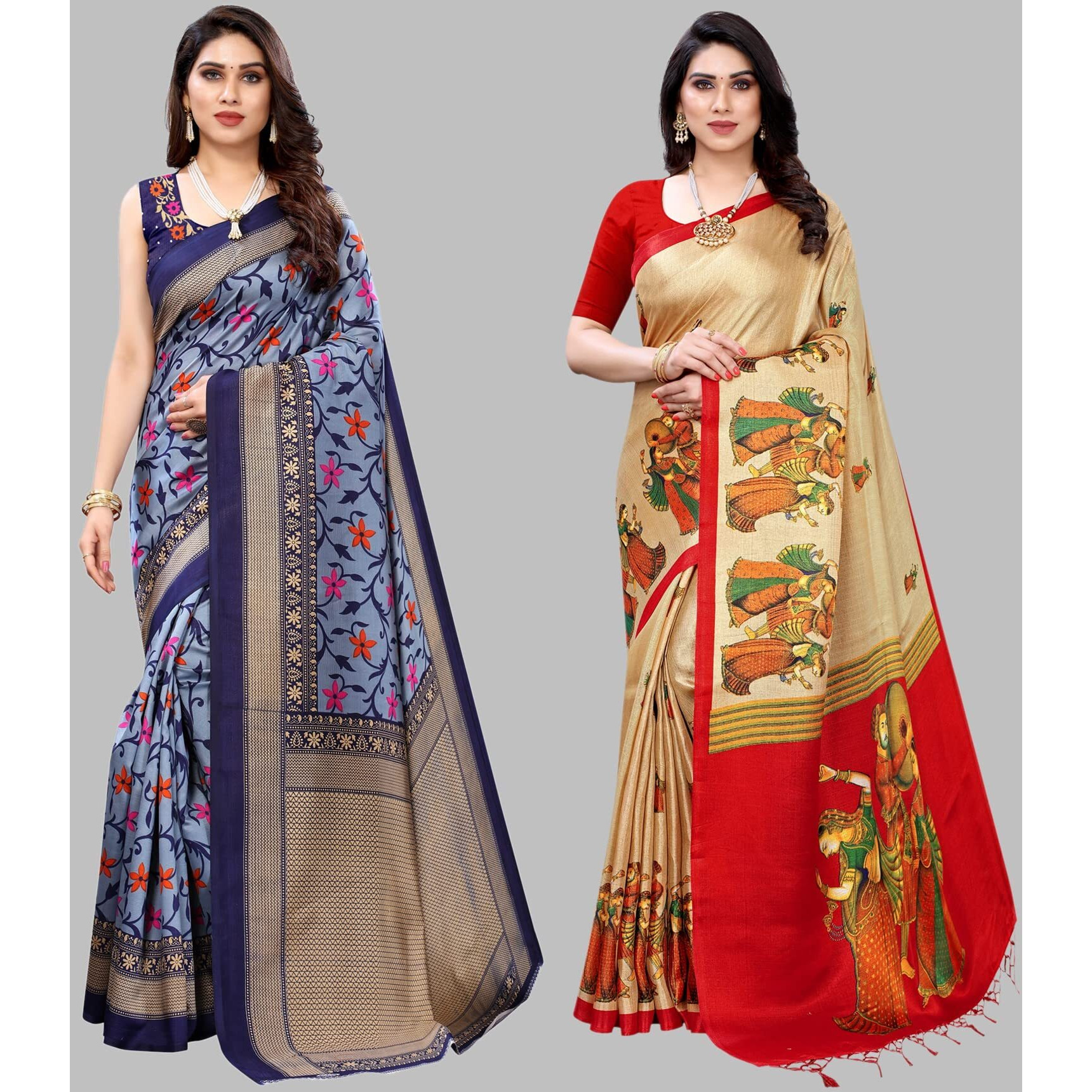 Yashika Women's Combo Art Silk Printed Saree With Blouse Piece Pack Of 2(SWATI NAVY-RAJARANI CHICKU)