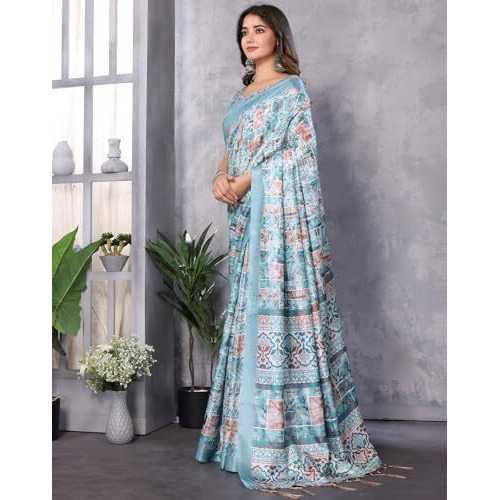 Yashika Women's Digital Print Art Silk Cotton Saree with Tassels and Golden Border - Lightweight and Elegant Ethnic Wear for Festive and Casual Occasions (AZ-YS-P2-PUSHPA 13)