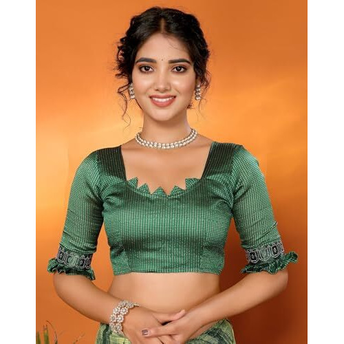 Yashika Women's Weightless Georgette Satin Printed Hot Fix Swarovski Lace with Tassels Unstitched Blouse Material Saree (AZ-YS-P1-REHANA-Parent_Green)