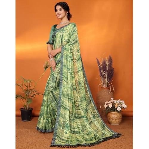 Yashika Women's Weightless Georgette Satin Printed Hot Fix Swarovski Lace with Tassels Unstitched Blouse Material Saree (AZ-YS-P1-REHANA-Parent_Green)