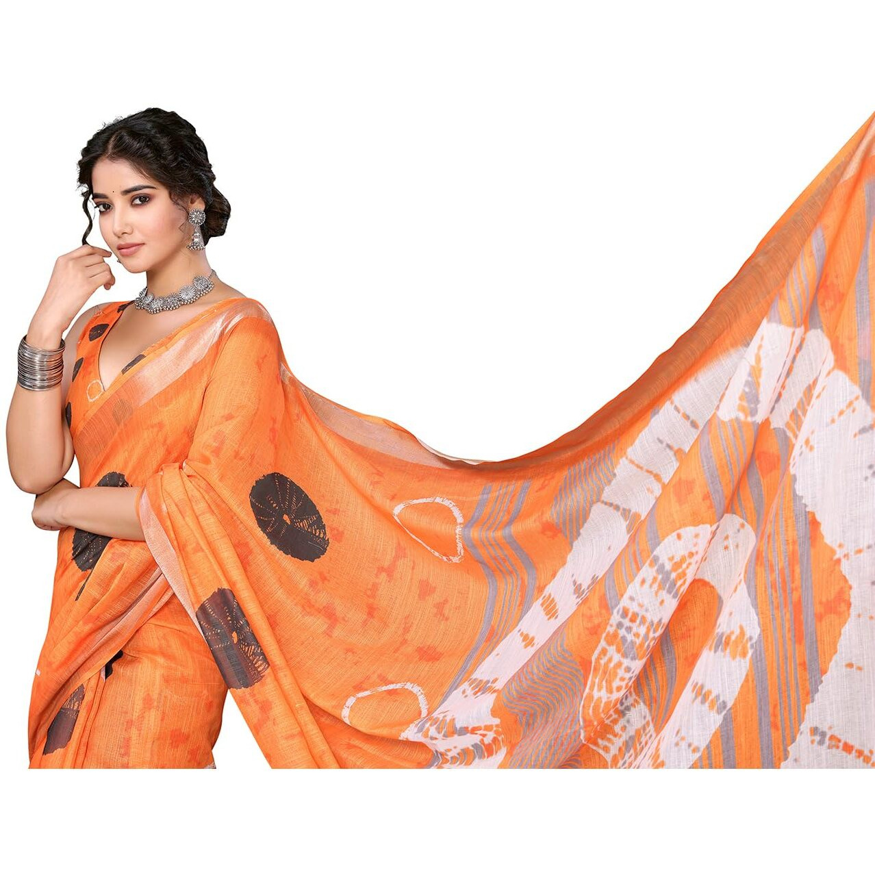 Yashika Women's Plain Digital Print Cotton Silk Blend Saree with Silver Weaving Border Tassels-Elegant Ethnic Wear for Festive and Casual Occasions (AZ-YS-P3-TIGER 07 to 20-Parent_Tiger 08-Orange)