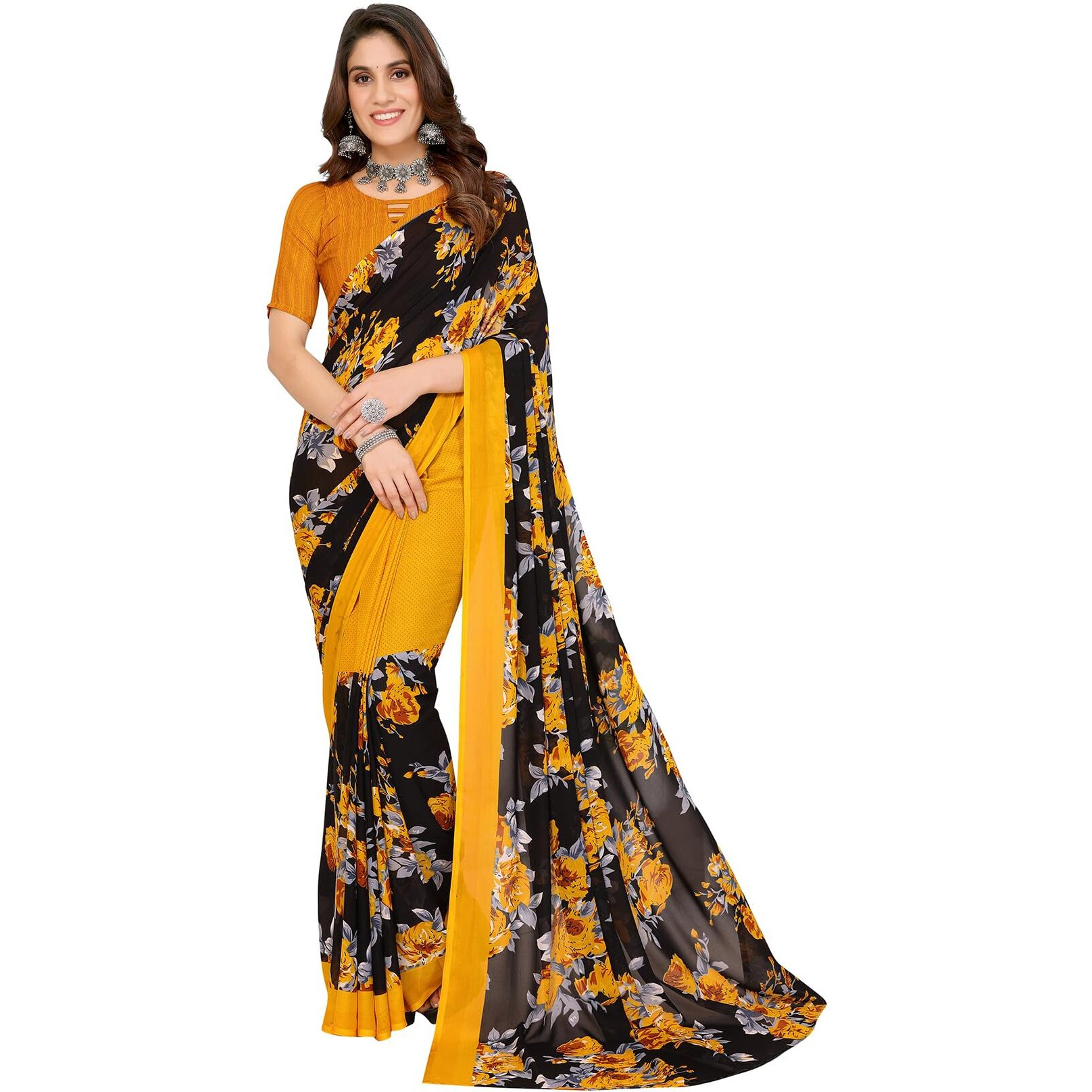 Yashika Women's Woven Latest Georgette Saree with Unstitched Blouse Material-Suitable for Party, Festival and Wedding (AZ-YS-P1-FLORAL-ZEEL-Parent_Yellow)