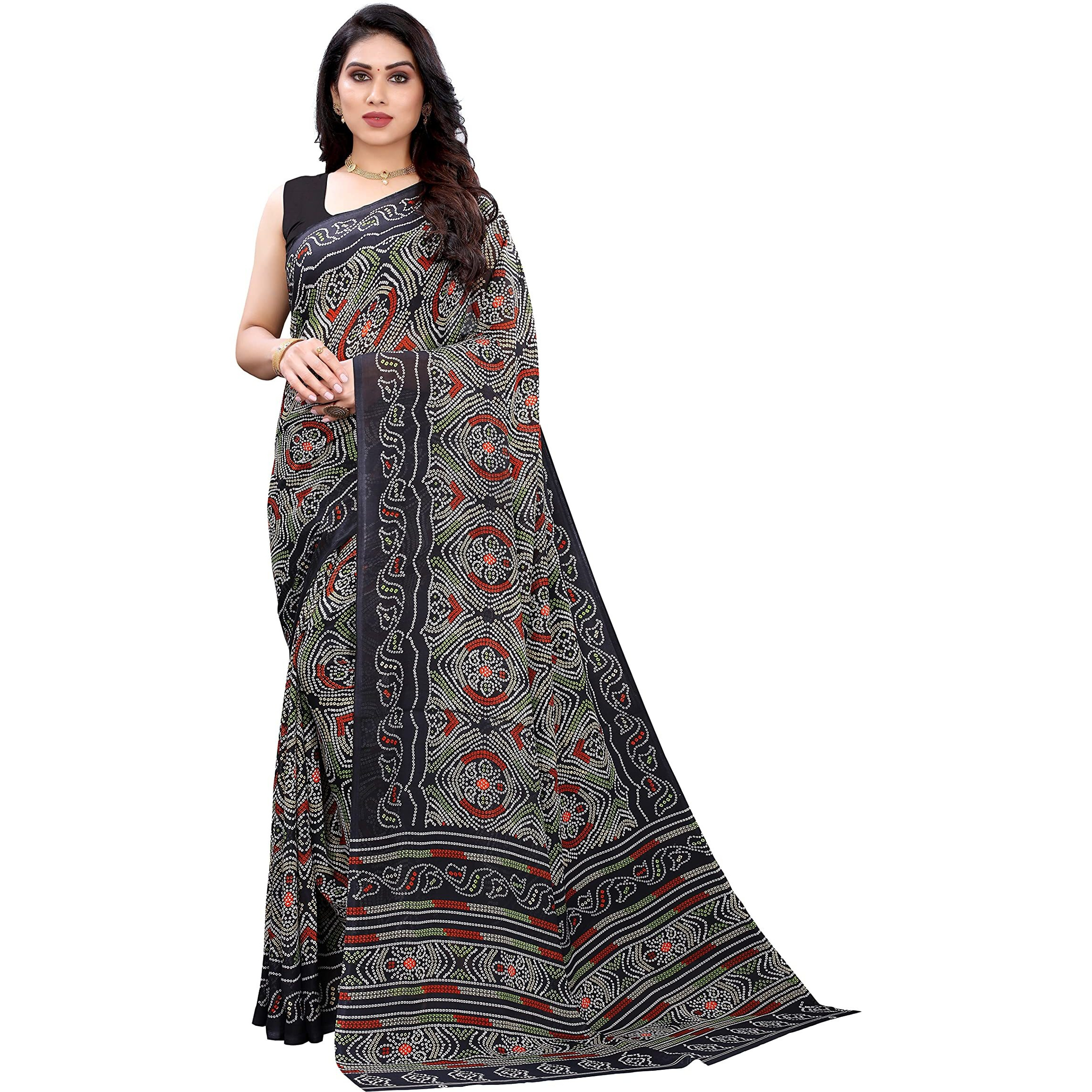 Yashika Women's Georgette Printed Saree With Blouse Piece(AAYUSHI_Free Size), Black