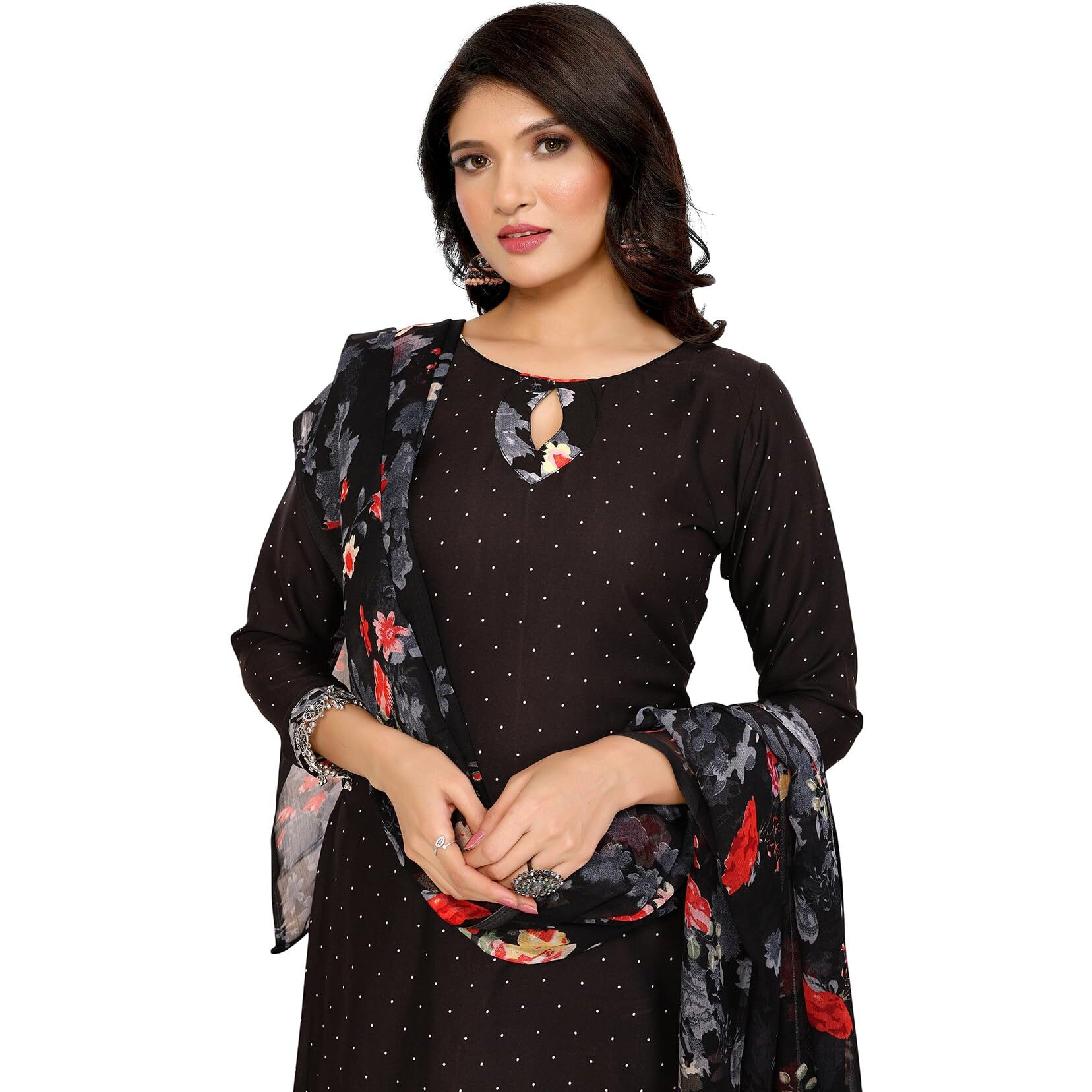 Yashika Women's Printed Dress Material - Unstitched Crepe Fabric Kurti, Pants & Dupatta Set (AZ-YS-P4-BLACK FLOWER)