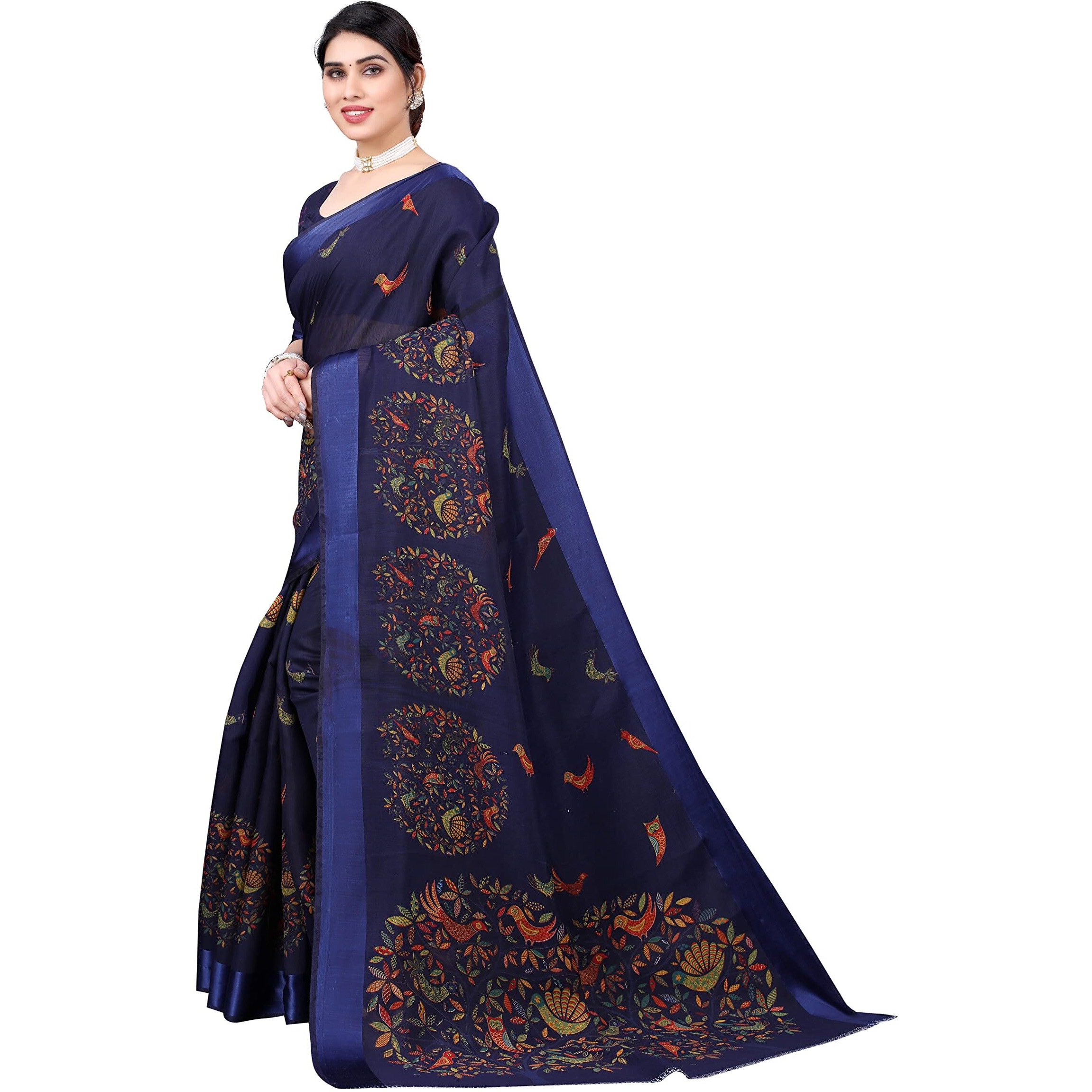 Yashika Womens Linen Prined Saree With Blouse Piece(PARINDA NAVY_Free Size)