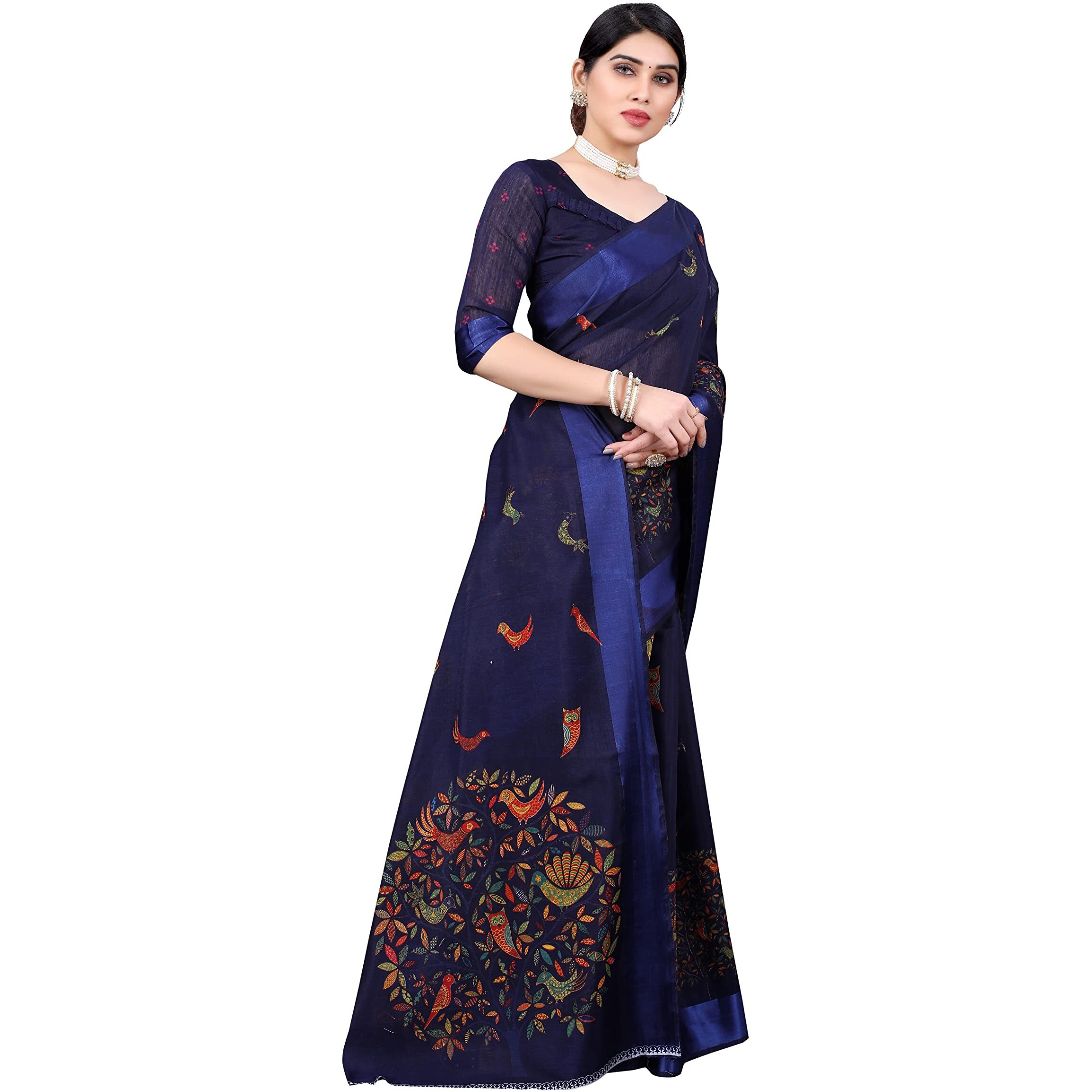 Yashika Womens Linen Prined Saree With Blouse Piece(PARINDA NAVY_Free Size)