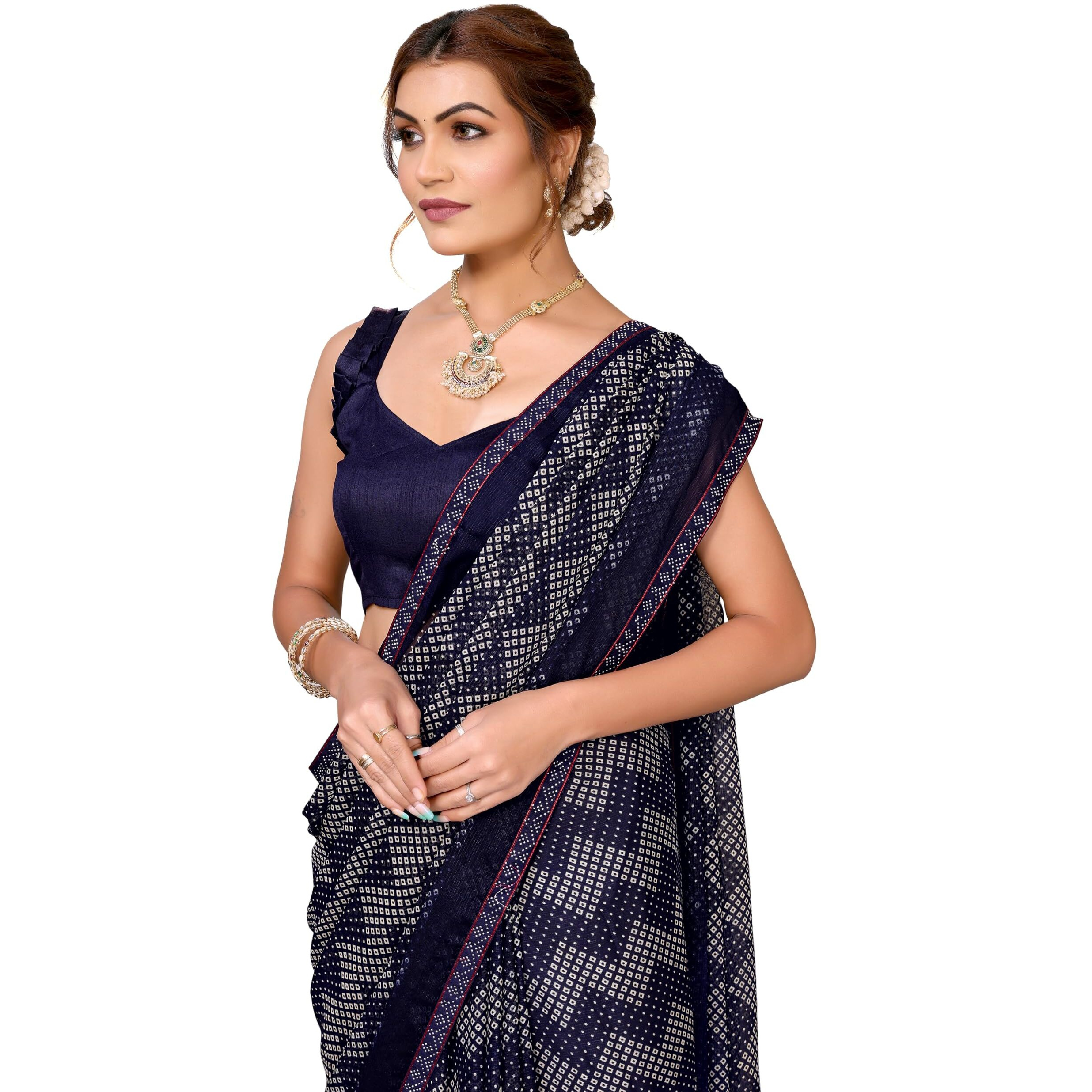 Yashika Women's Woven Latest Georgette and Hot Fix Lace Saree with Unstitched Blouse Material (AZ-YS-P3-BANDANA-Parent-NEW_Navy)