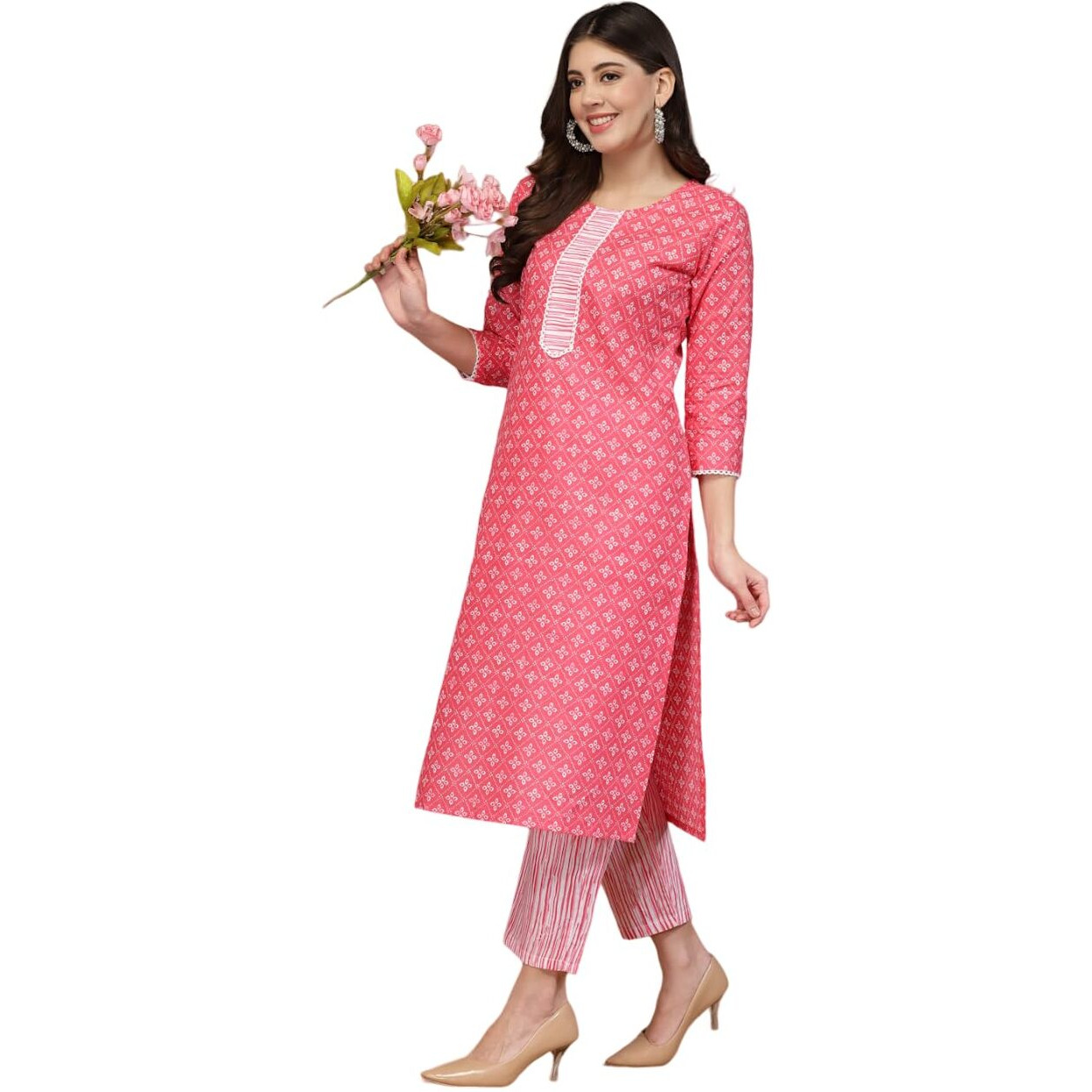 Yashika Women's Printed Cotton Blend Kurta Pant Set Stylish Ethnic Ensemble for a Trendy Look (AZ-YS-P2-KS2100-M) Pink