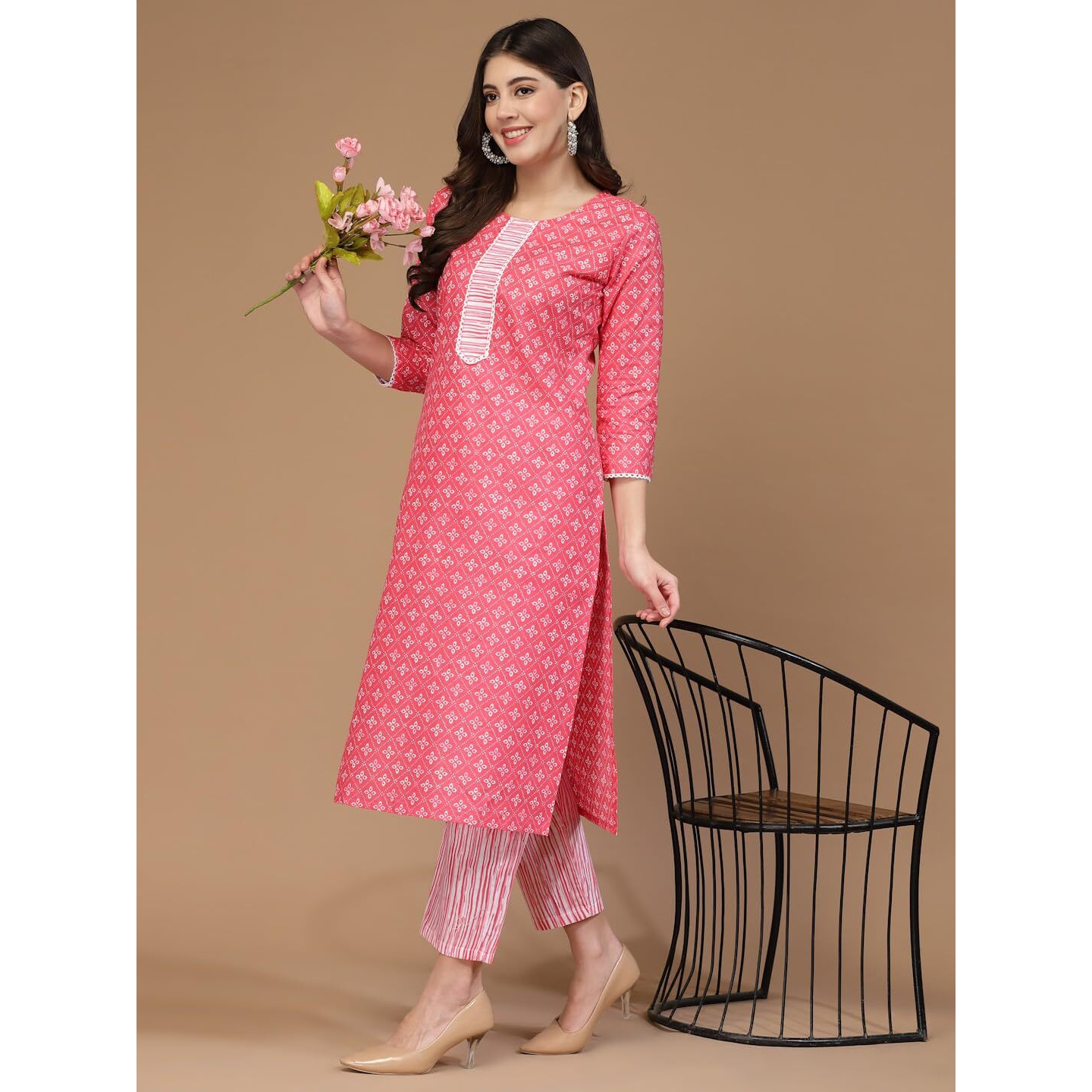 Yashika Women's Printed Cotton Blend Kurta Pant Set Stylish Ethnic Ensemble for a Trendy Look (AZ-YS-P2-KS2100-M) Pink