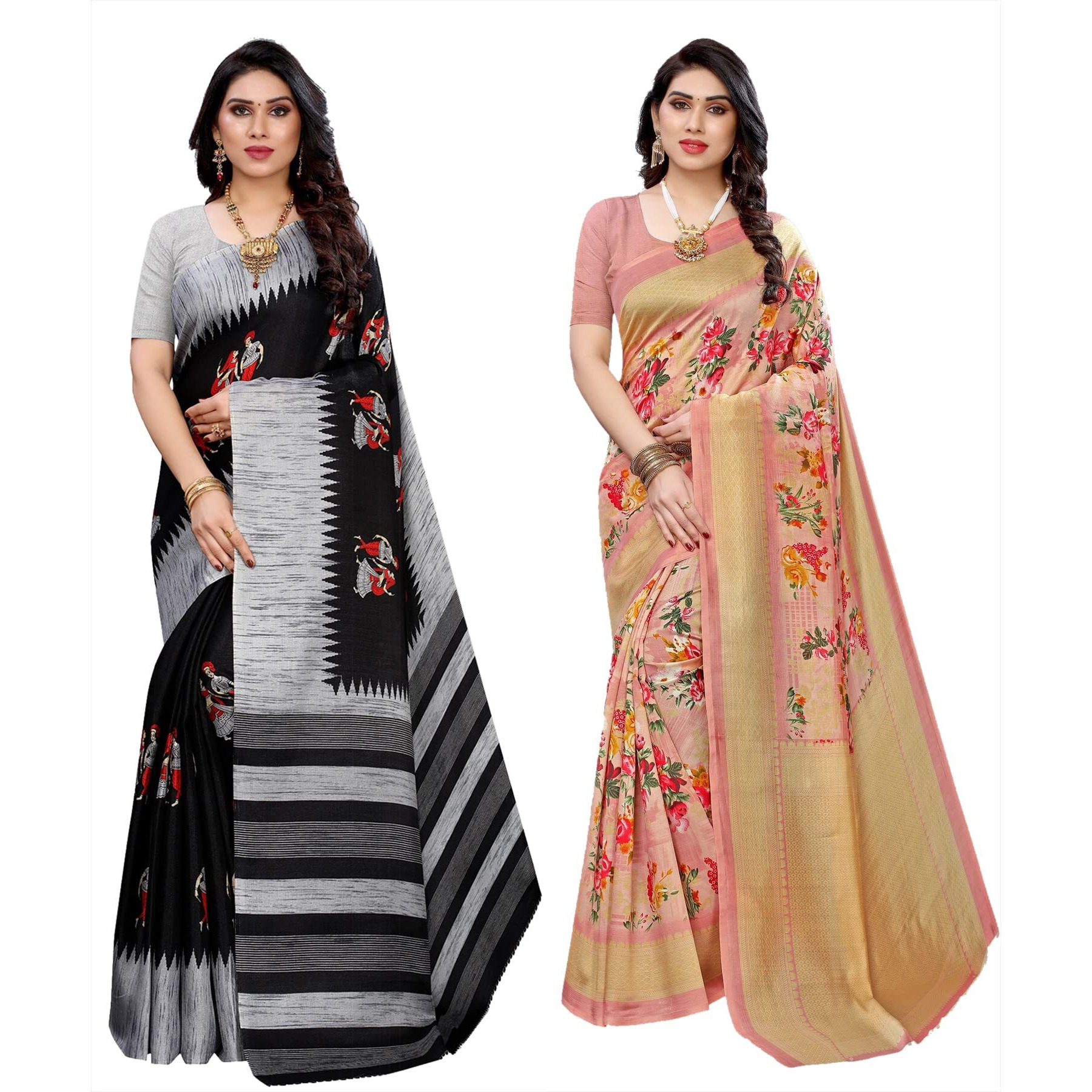 Yashika Women's Combo Art Silk Printed Saree With Blouse Piece Pack Of 2(NAURTA BLACK-AIR PEACH)