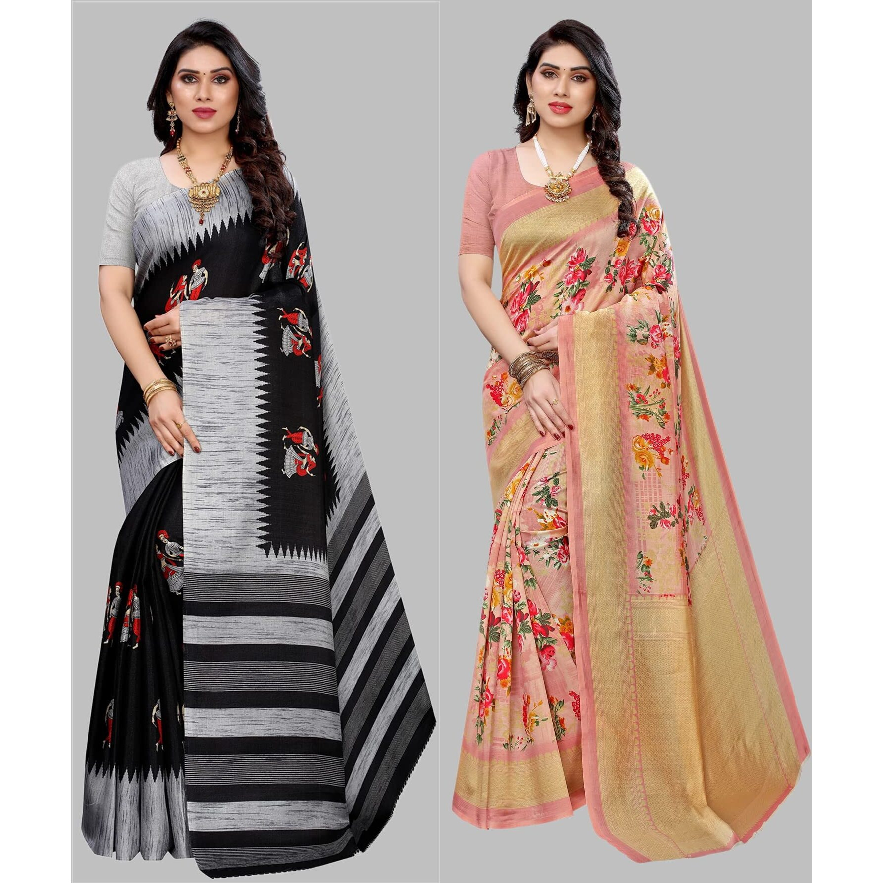 Yashika Women's Combo Art Silk Printed Saree With Blouse Piece Pack Of 2(NAURTA BLACK-AIR PEACH)