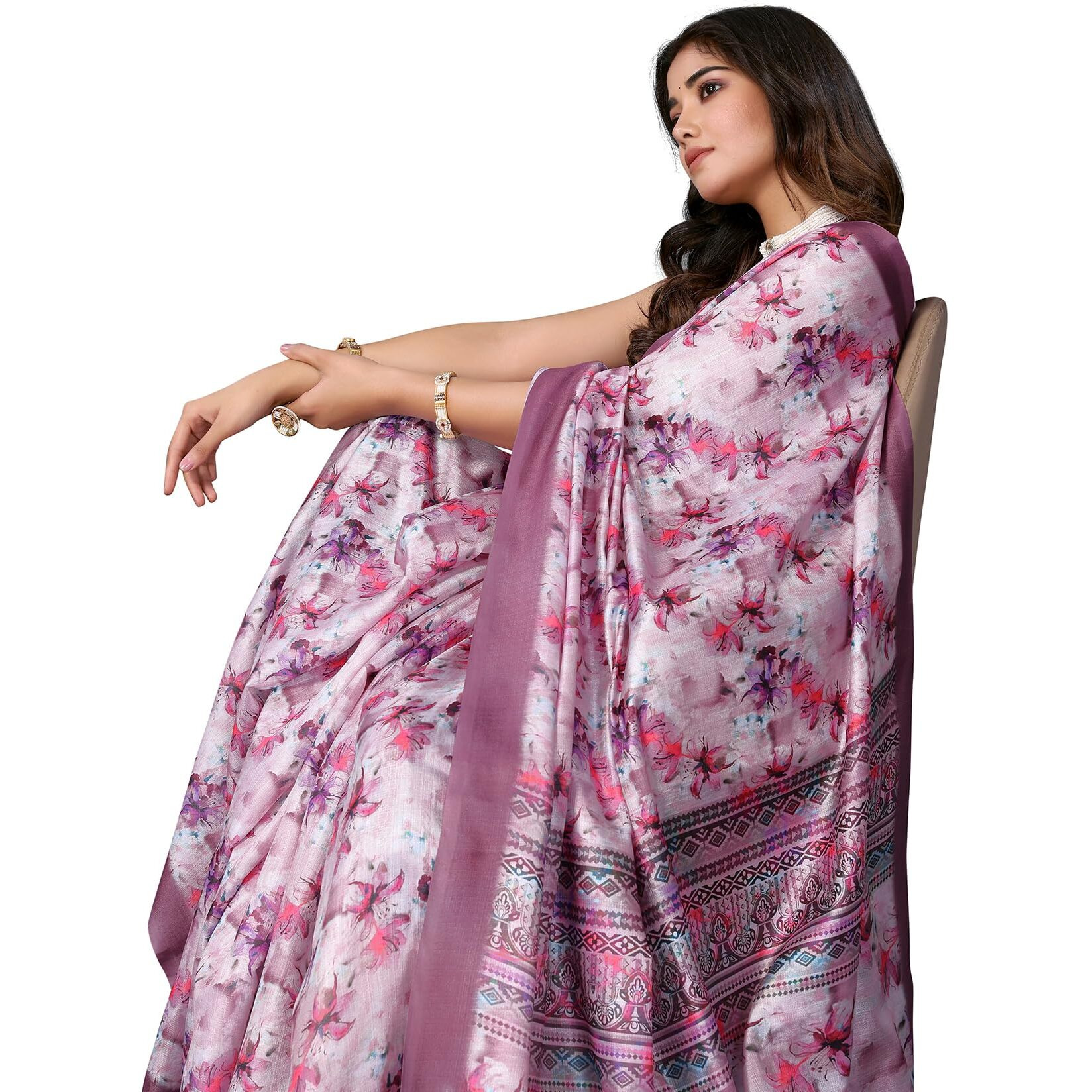 Yashika Women's Digital Print Art Silk Cotton Saree with Tassels and Golden Border - Lightweight and Elegant Ethnic Wear for Festive and Casual Occasions (AZ-YS-P3-PUSHPA 02)
