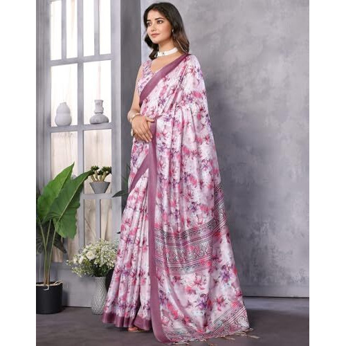 Yashika Women's Digital Print Art Silk Cotton Saree with Tassels and Golden Border - Lightweight and Elegant Ethnic Wear for Festive and Casual Occasions (AZ-YS-P3-PUSHPA 02)