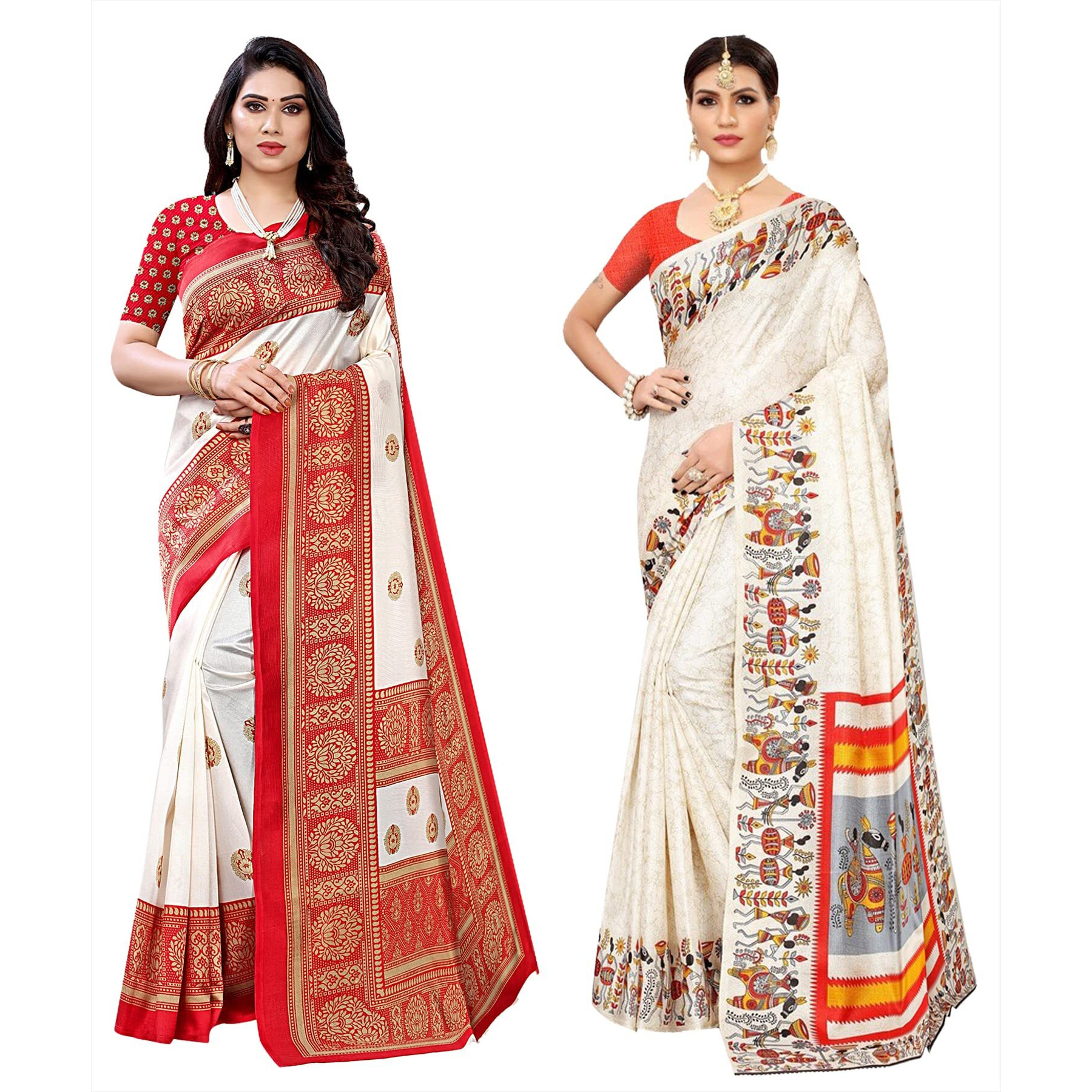 Yashika Women's Combo Art Silk Printed Saree With Blouse Piece Pack Of 2(AAMRAPALI RED-VIVO ORANGE)