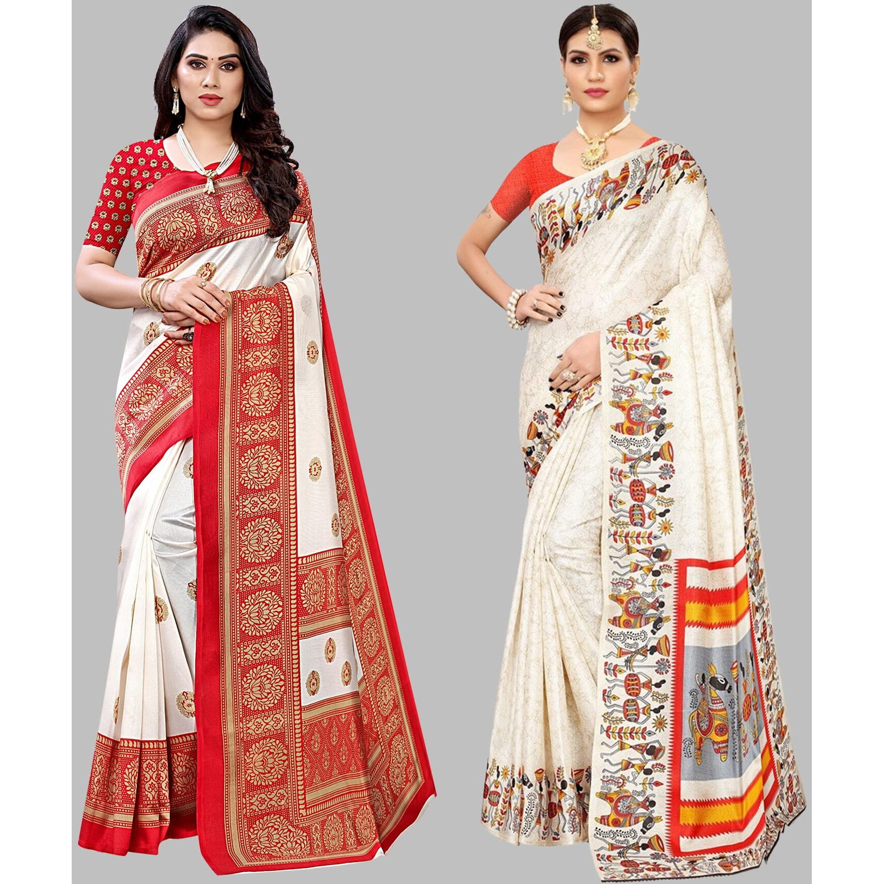 Yashika Women's Combo Art Silk Printed Saree With Blouse Piece Pack Of 2(AAMRAPALI RED-VIVO ORANGE)
