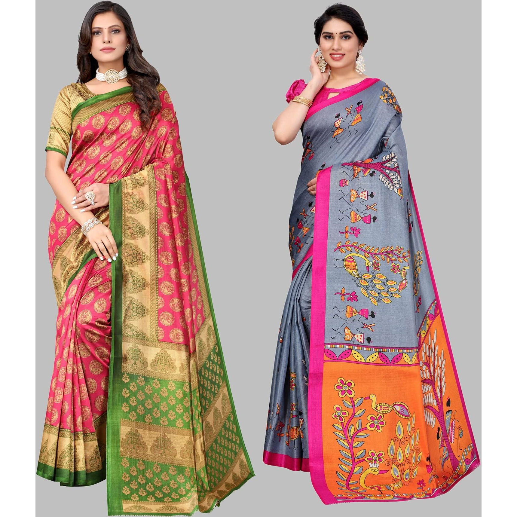 Yashika Women's Combo Art Silk Printed Saree With Blouse Piece Pack Of 2(ALIFA PINK-DANDIYA GREY)