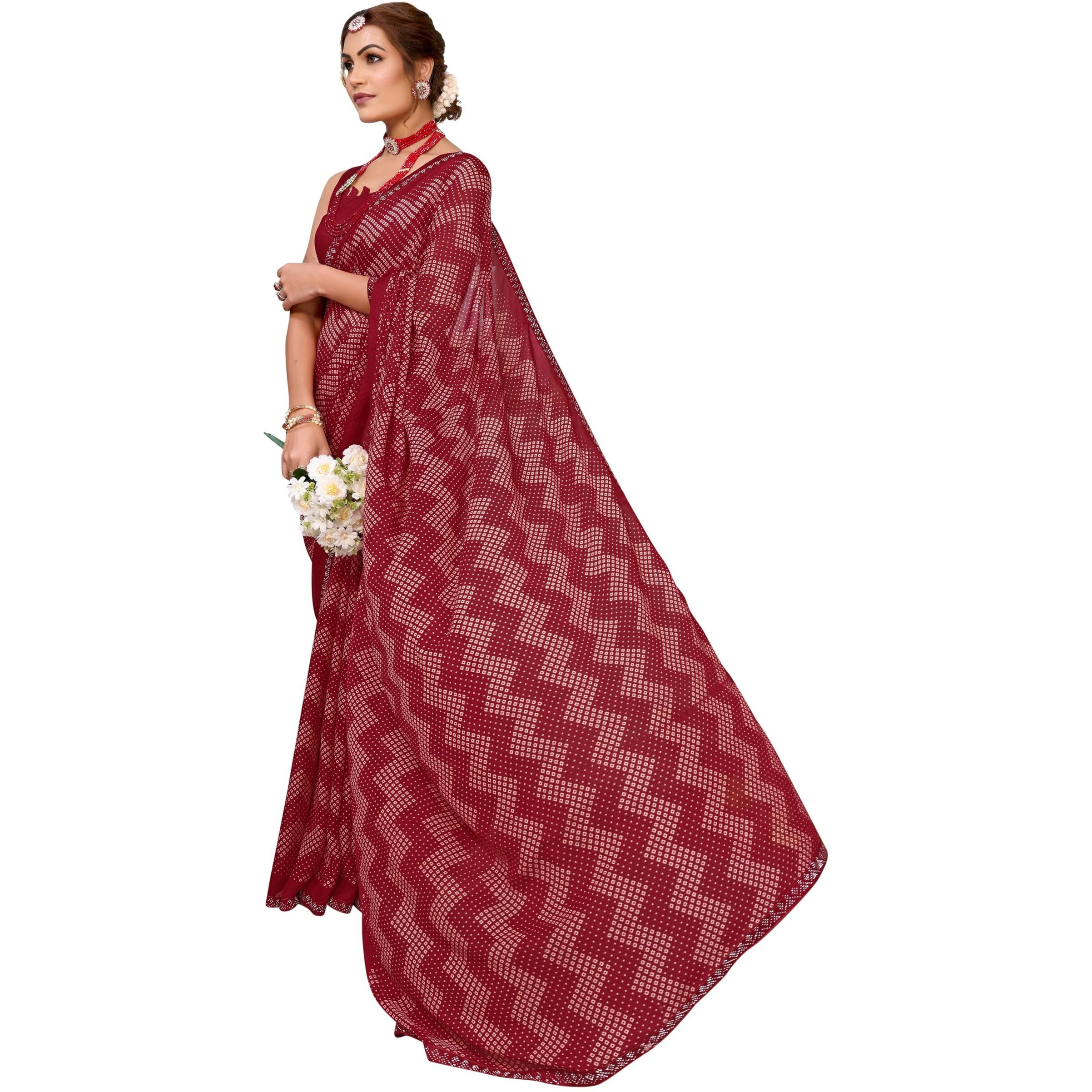 Yashika Women's Woven Latest Georgette and Hot Fix Lace Saree with Unstitched Blouse Material (AZ-YS-P2-BANDANA-Parent-NEW_Maroon)
