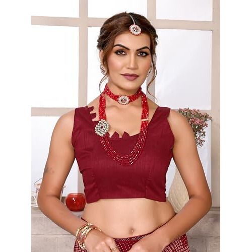Yashika Women's Woven Latest Georgette and Hot Fix Lace Saree with Unstitched Blouse Material (AZ-YS-P2-BANDANA-Parent-NEW_Maroon)