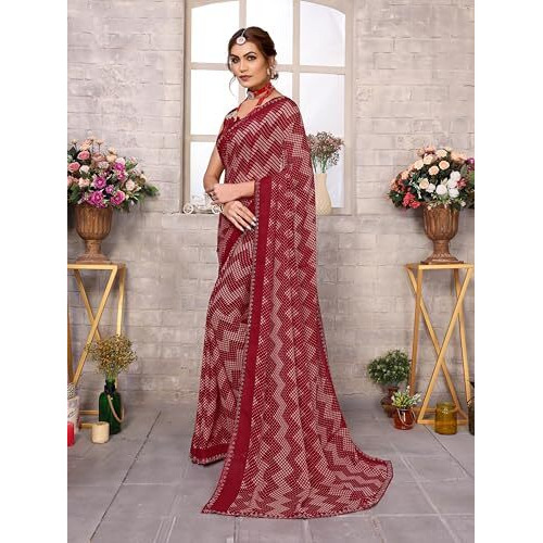 Yashika Women's Woven Latest Georgette and Hot Fix Lace Saree with Unstitched Blouse Material (AZ-YS-P2-BANDANA-Parent-NEW_Maroon)