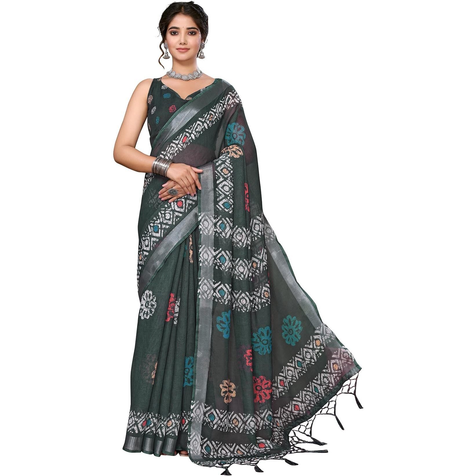 Yashika Women's Plain Digital Print Cotton Silk Blend Saree with Silver Weaving Border Tassels-Elegant Ethnic Wear for Festive and Casual Occasions (AZ-YS-P1-TIGER 07 to 20-Parent_Tiger 09-Green)