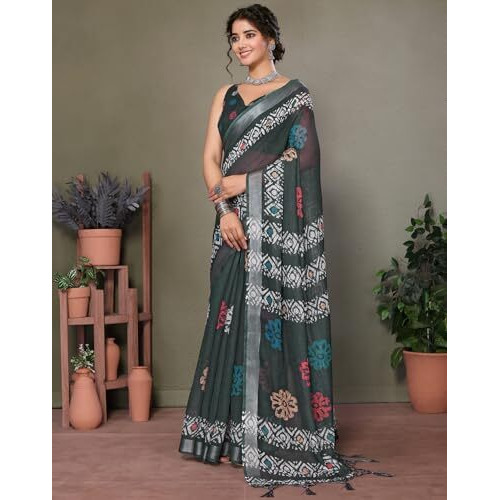Yashika Women's Plain Digital Print Cotton Silk Blend Saree with Silver Weaving Border Tassels-Elegant Ethnic Wear for Festive and Casual Occasions (AZ-YS-P1-TIGER 07 to 20-Parent_Tiger 09-Green)