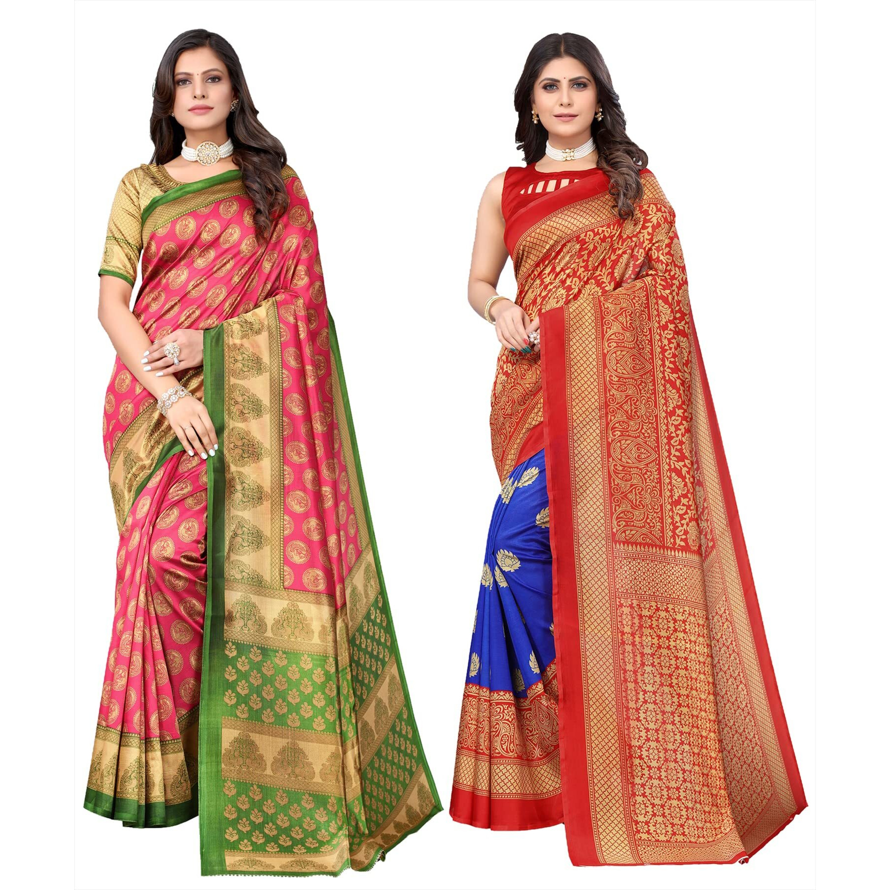 Yashika Women's Combo Art Silk Printed Saree With Blouse Piece Pack Of 2(ALIFA PINK-METRO ROYAL BLUE)