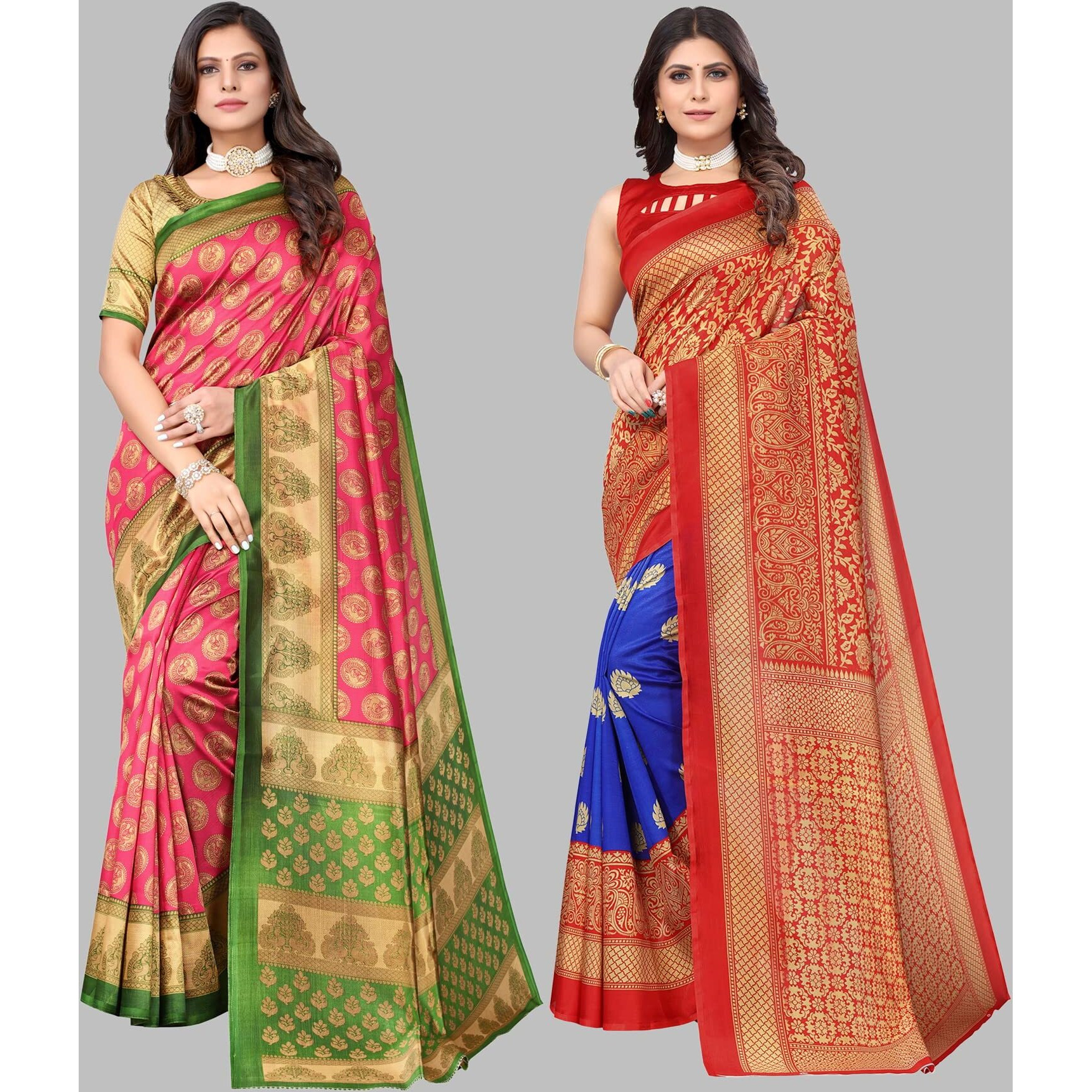 Yashika Women's Combo Art Silk Printed Saree With Blouse Piece Pack Of 2(ALIFA PINK-METRO ROYAL BLUE)
