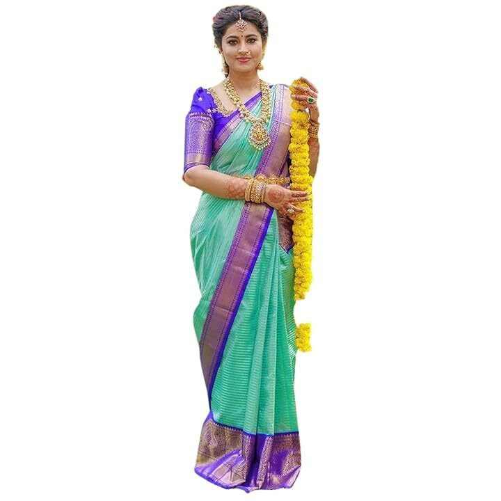Yashika Women's Fancy Banarasi Kanjivaram Art Silk Saree with Blouse Pieces||Mint Green Coloured Kanjivaram Saree|| AZ-YS-OG-SARKAR BLUE