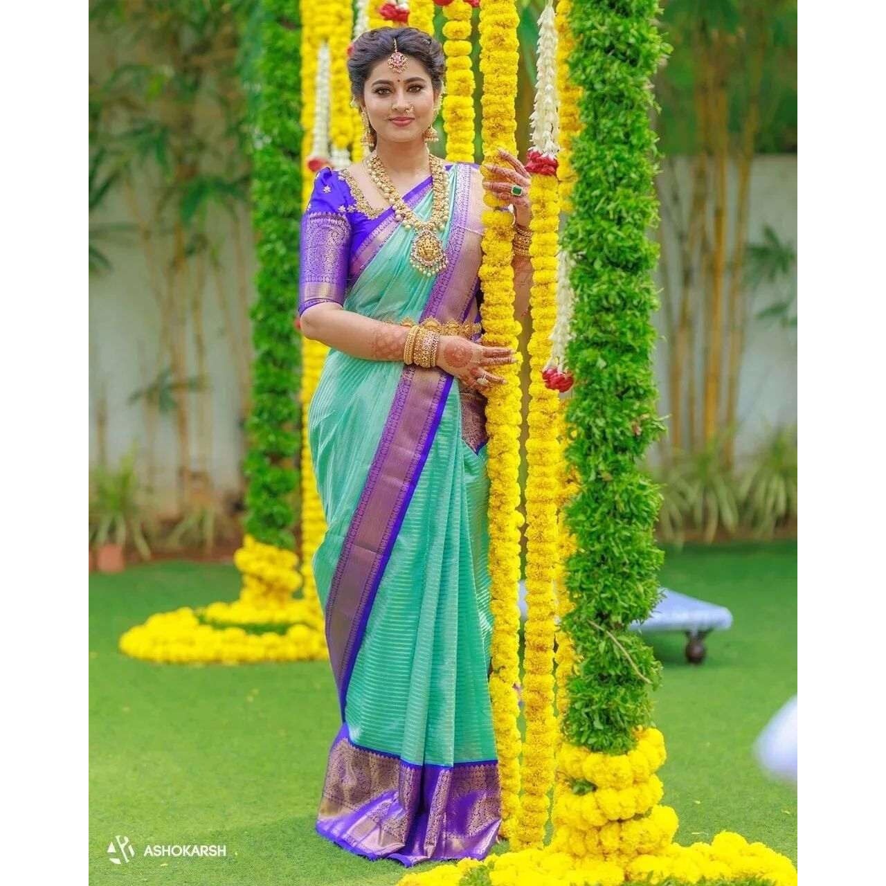 Yashika Women's Fancy Banarasi Kanjivaram Art Silk Saree with Blouse Pieces||Mint Green Coloured Kanjivaram Saree|| AZ-YS-OG-SARKAR BLUE
