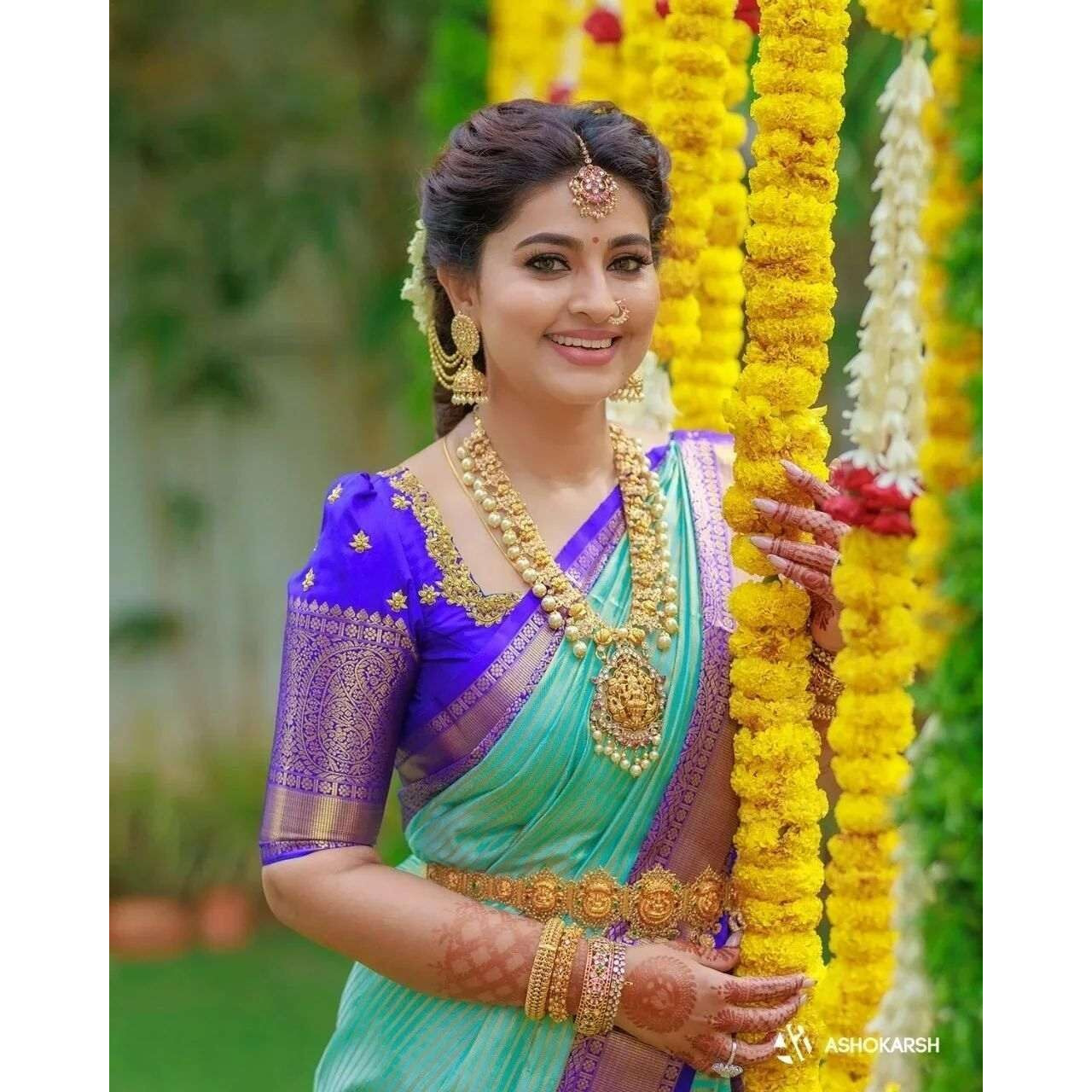 Yashika Women's Fancy Banarasi Kanjivaram Art Silk Saree with Blouse Pieces||Mint Green Coloured Kanjivaram Saree|| AZ-YS-OG-SARKAR BLUE