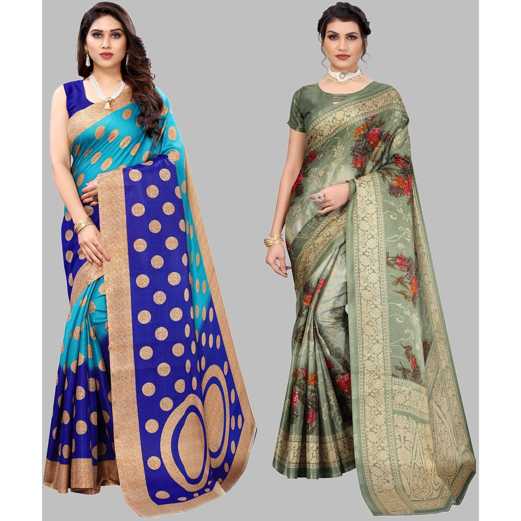 Yashika Women's Combo Art Silk Printed Saree With Blouse Piece Pack Of 2(KORA BLUE-AAMRAPALI RED)