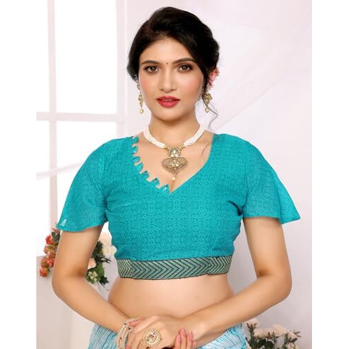 Yashika Women's Plain Zigzag Print Georgette Saree with Lace and Unstitched Blouse Material (AZ-YS-P1-ANSHIKA Sky Blue-New