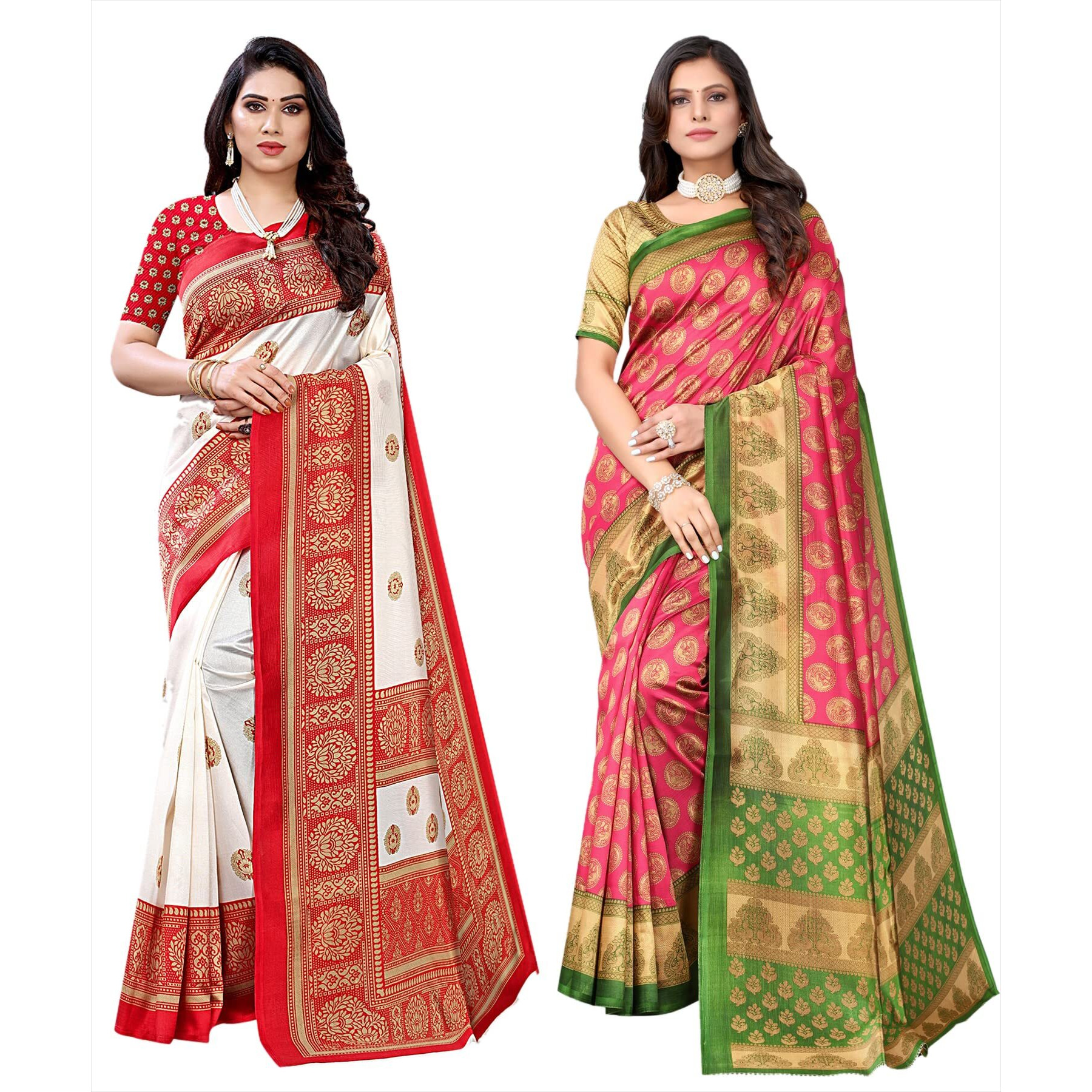 Yashika Women's Combo Art Silk Printed Saree With Blouse Piece Pack Of 2(AAMRAPALI RED-ALIFA PINK)