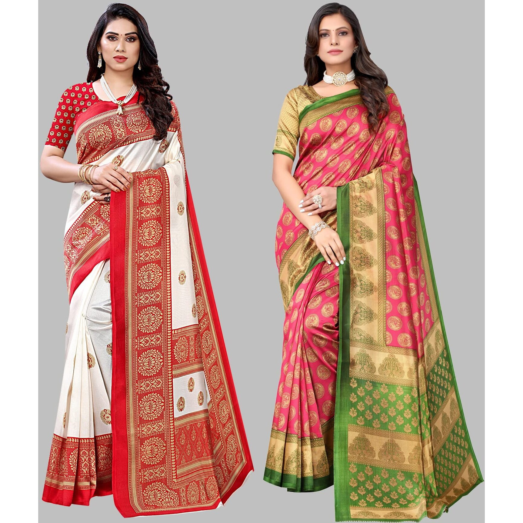 Yashika Women's Combo Art Silk Printed Saree With Blouse Piece Pack Of 2(AAMRAPALI RED-ALIFA PINK)
