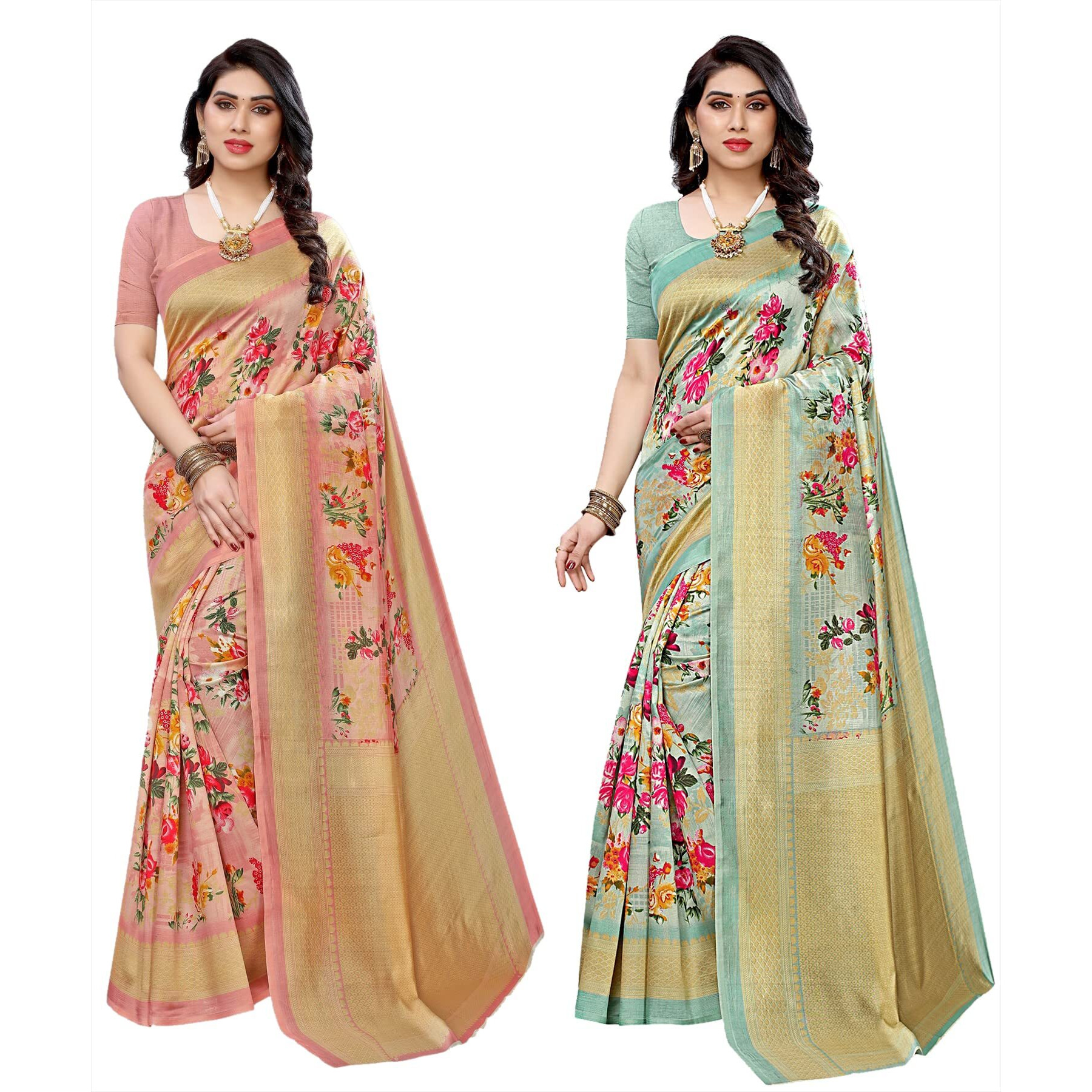 Yashika Women's Combo Art Silk Printed Saree With Blouse Piece Pack Of 2(AIR PEACH-AIR LIGHT GREEN)