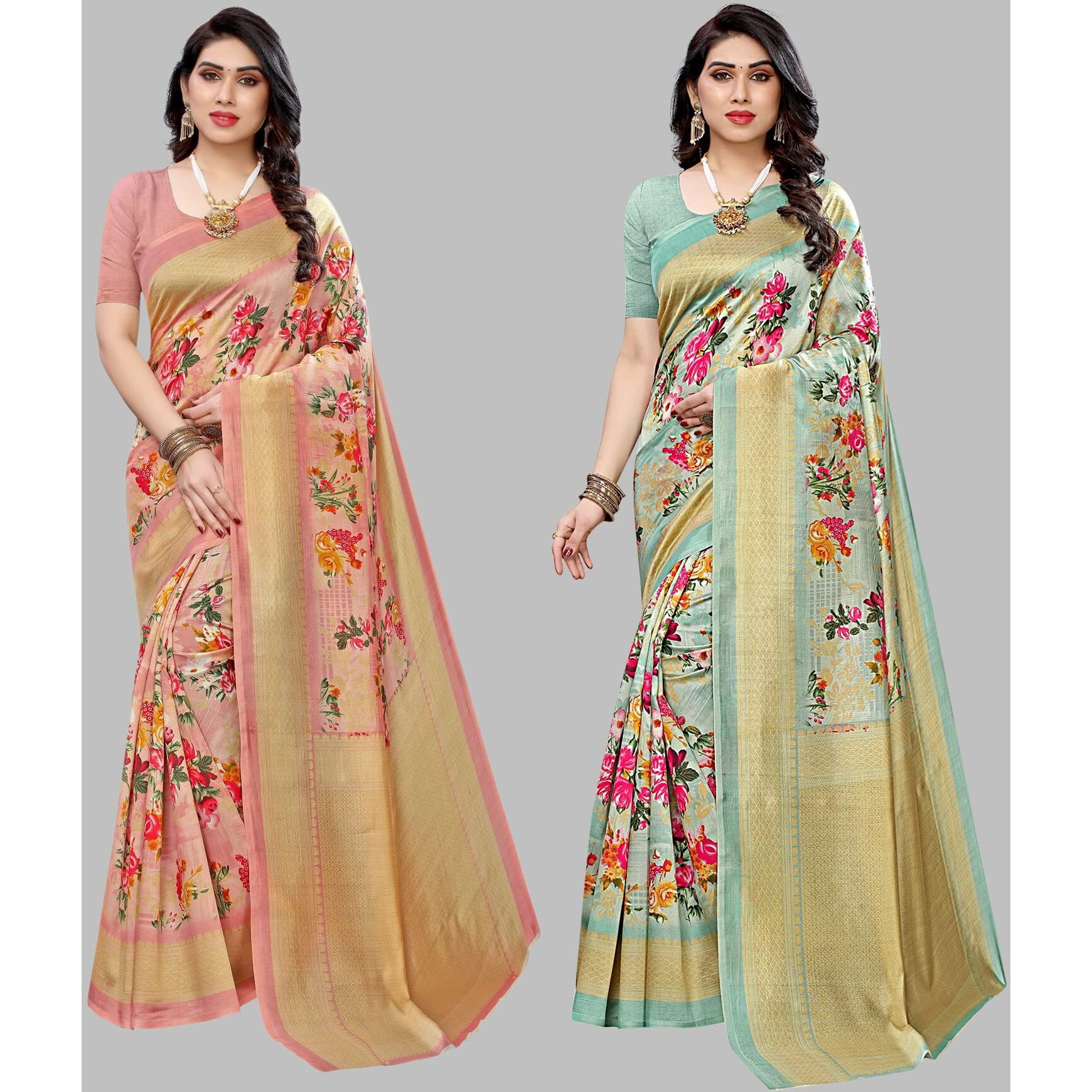 Yashika Women's Combo Art Silk Printed Saree With Blouse Piece Pack Of 2(AIR PEACH-AIR LIGHT GREEN)