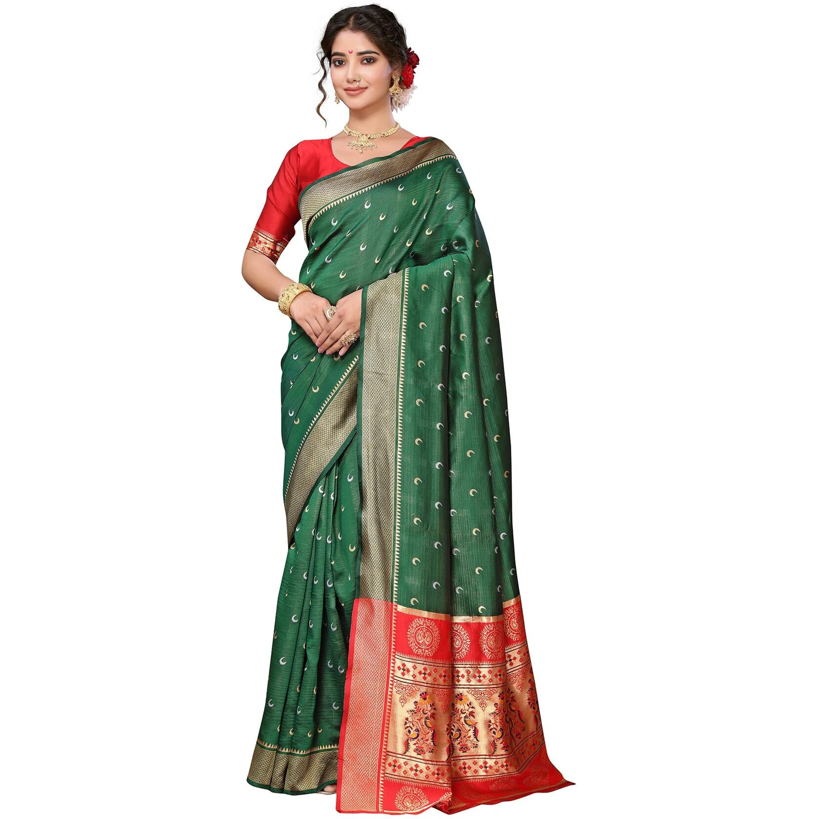 Yashika Women's Banarasi Kanchipuram Silk Chandrakor Paithani Saree In Golden Zari Border, With Crescent Moon Motifs And Peacock Design, Includes Unstitched Blouse Material (AZ-YS-P1-CHANDRA GREEN)