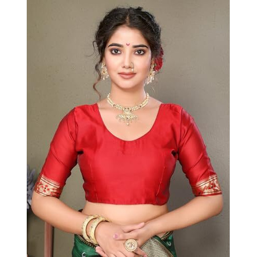 Yashika Women's Banarasi Kanchipuram Silk Chandrakor Paithani Saree In Golden Zari Border, With Crescent Moon Motifs And Peacock Design, Includes Unstitched Blouse Material (AZ-YS-P1-CHANDRA GREEN)