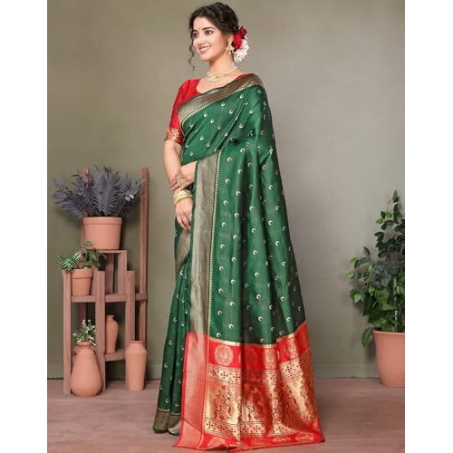 Yashika Women's Banarasi Kanchipuram Silk Chandrakor Paithani Saree In Golden Zari Border, With Crescent Moon Motifs And Peacock Design, Includes Unstitched Blouse Material (AZ-YS-P1-CHANDRA GREEN)