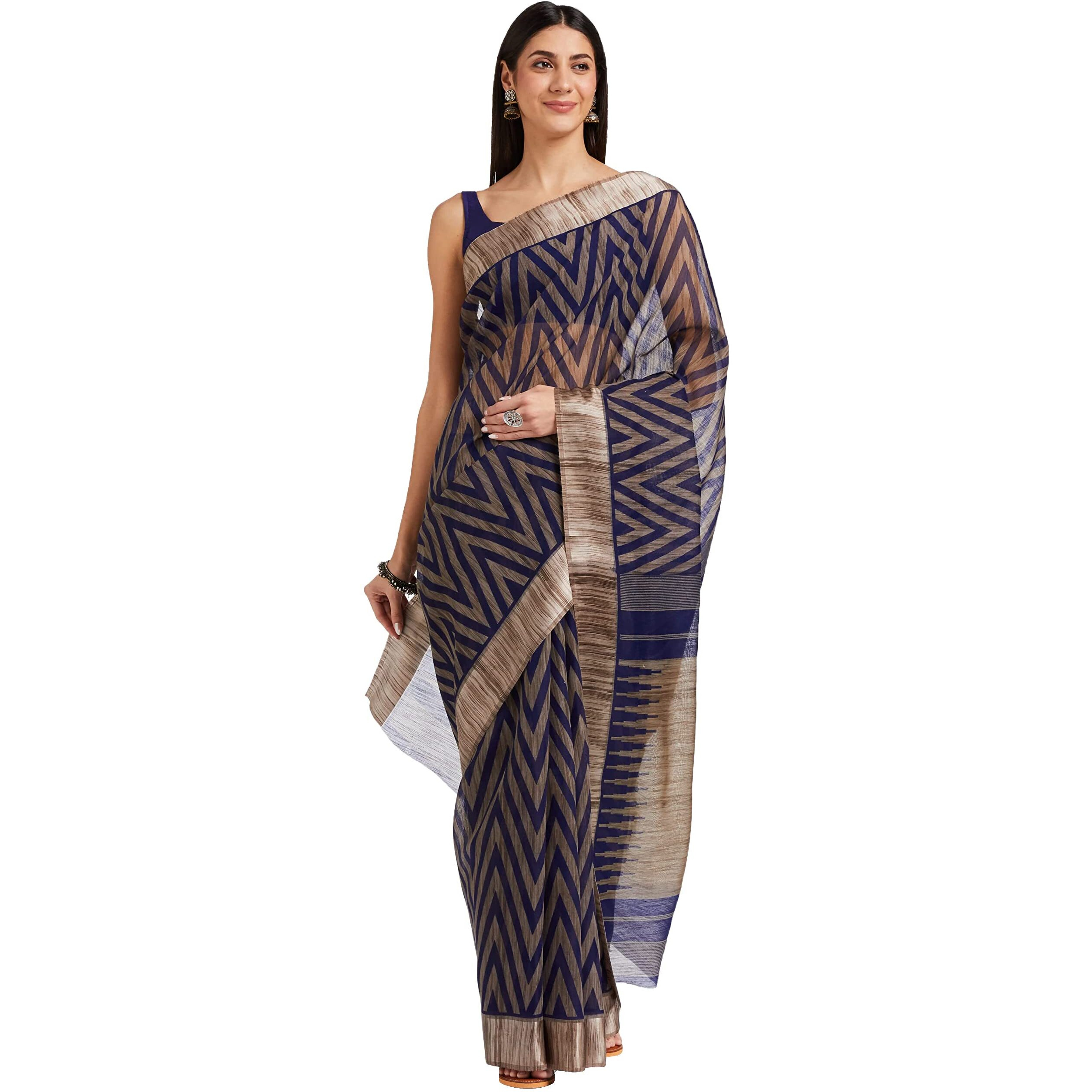 Yashika Women's Woven Linen Saree (BEE Blue