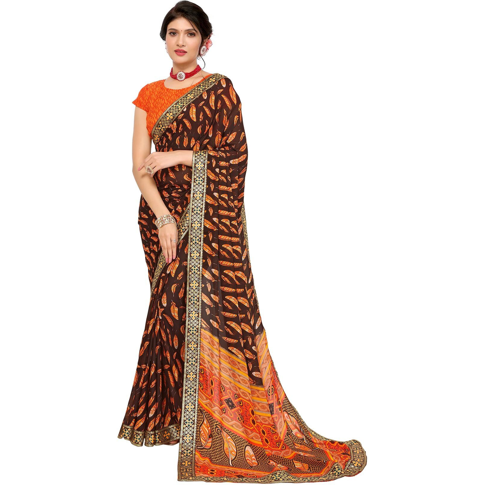 Yashika Women's Plain Leaf Print Georgette Saree with Lace and Unstitched Blouse Material (AZ-YS-P1-PRANALI Orange-New