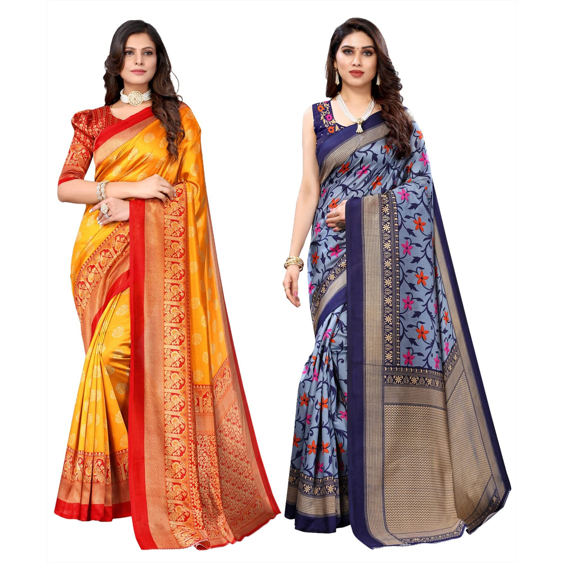 Yashika Women's Combo Art Silk Printed Saree With Blouse Piece Pack Of 2(MINALI MUSTARD-SWATI NAVY)