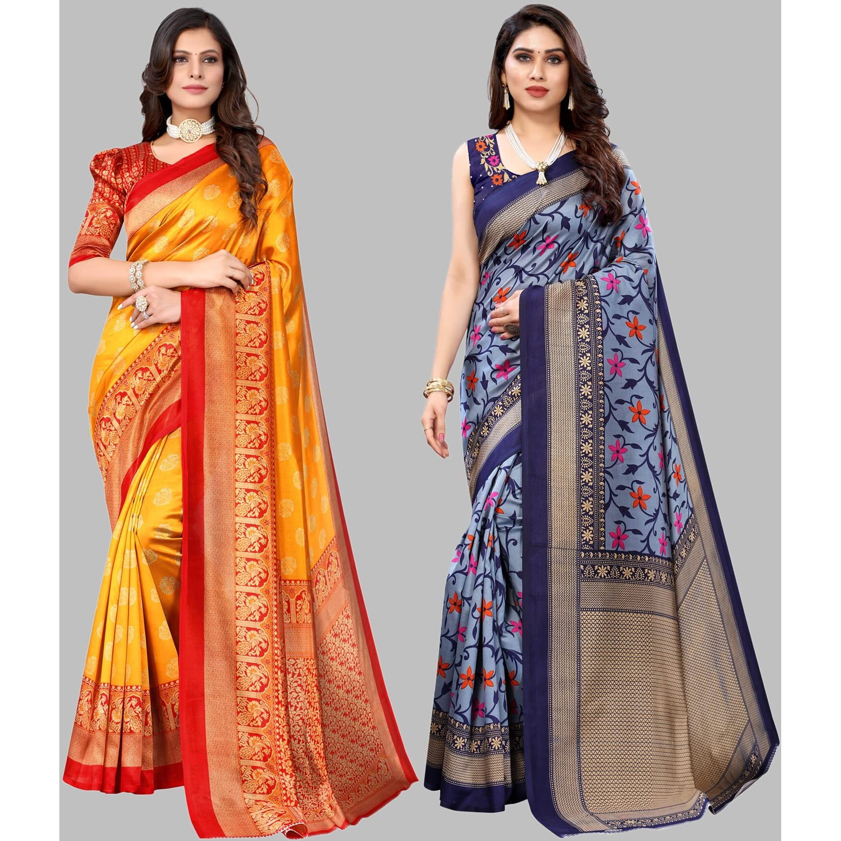Yashika Women's Combo Art Silk Printed Saree With Blouse Piece Pack Of 2(MINALI MUSTARD-SWATI NAVY)