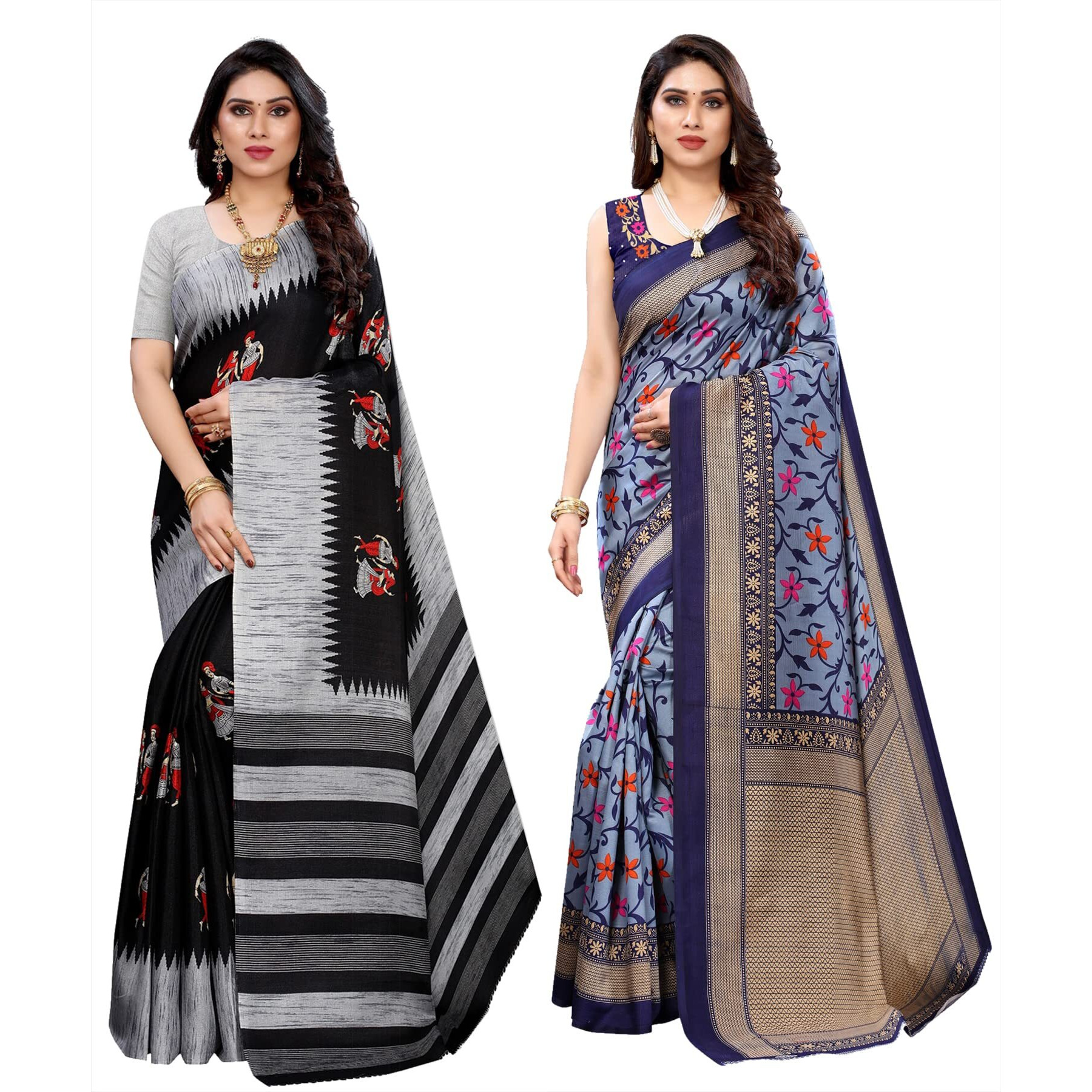 Yashika Women's Combo Art Silk Printed Saree With Blouse Piece Pack Of 2(NAURTA BLACK-SWATI NAVY)