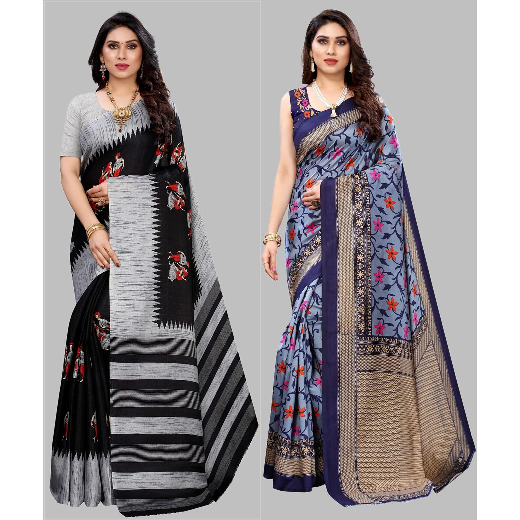 Yashika Women's Combo Art Silk Printed Saree With Blouse Piece Pack Of 2(NAURTA BLACK-SWATI NAVY)